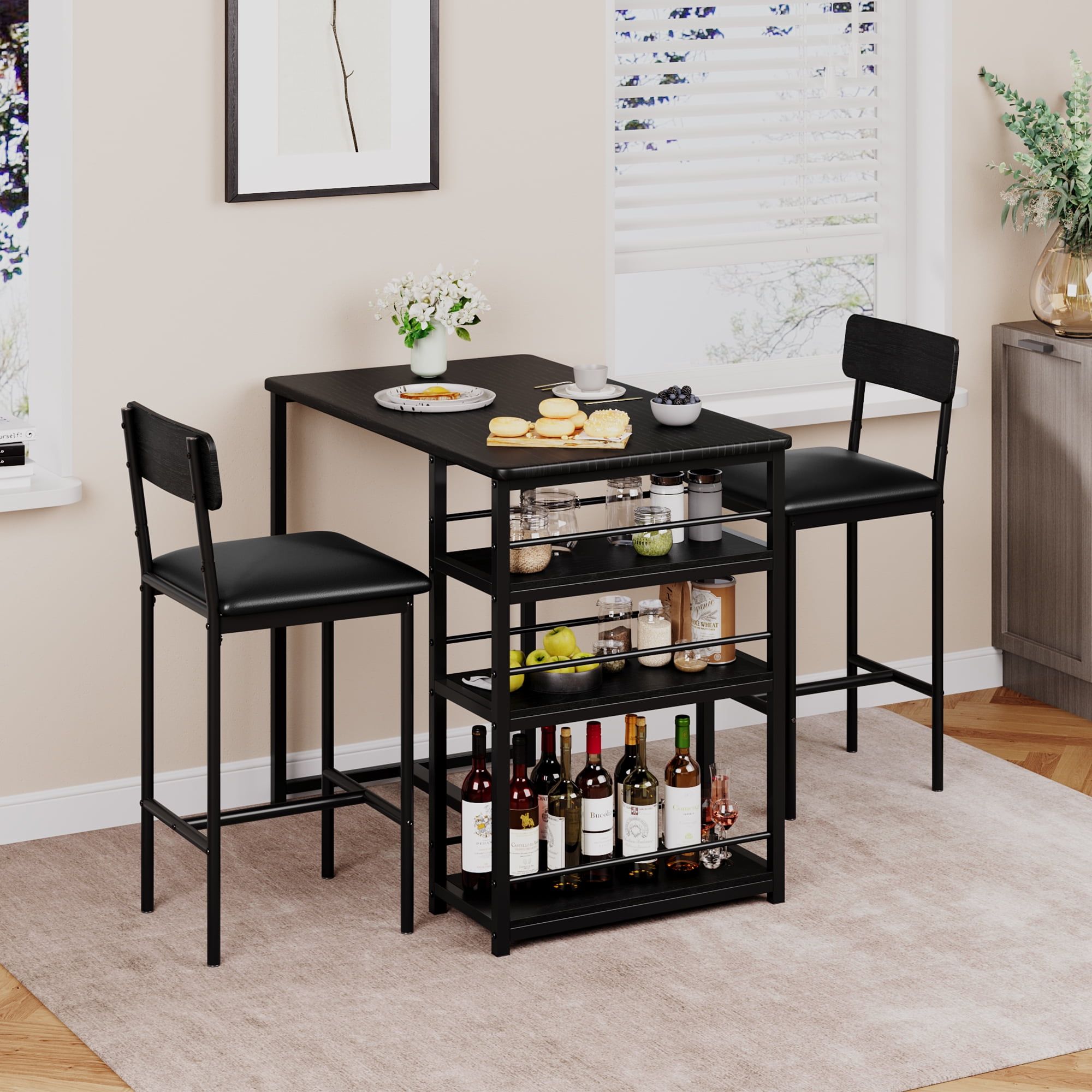 Black Rectangular Pub Table Set with 2 Chairs and Storage Shelves