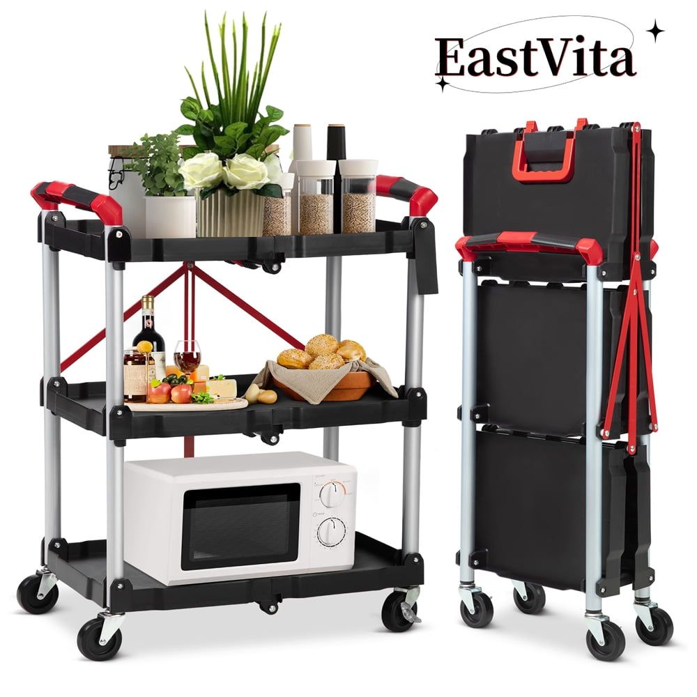 Gray and Red 3-Tier Folding Aluminum Utility Cart