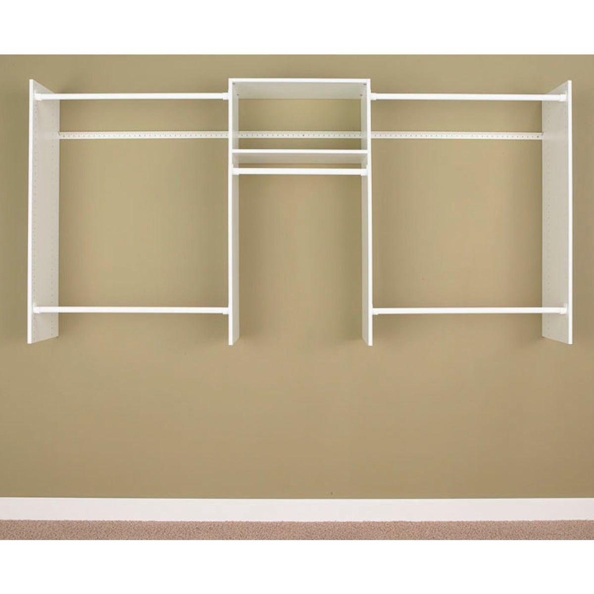 White Wood Closet Organizer with Shelves and Rods