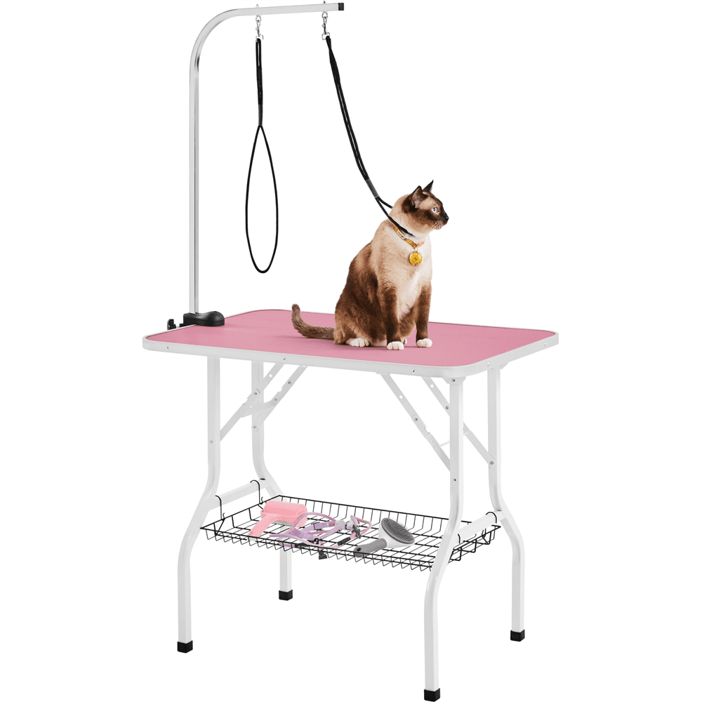 Pink Foldable Pet Grooming Table with Adjustable Arm, 36 Inches