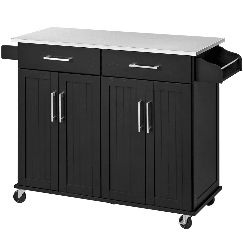 Renwick Black Large Kitchen Island Cart with Stainless Steel Tabletop