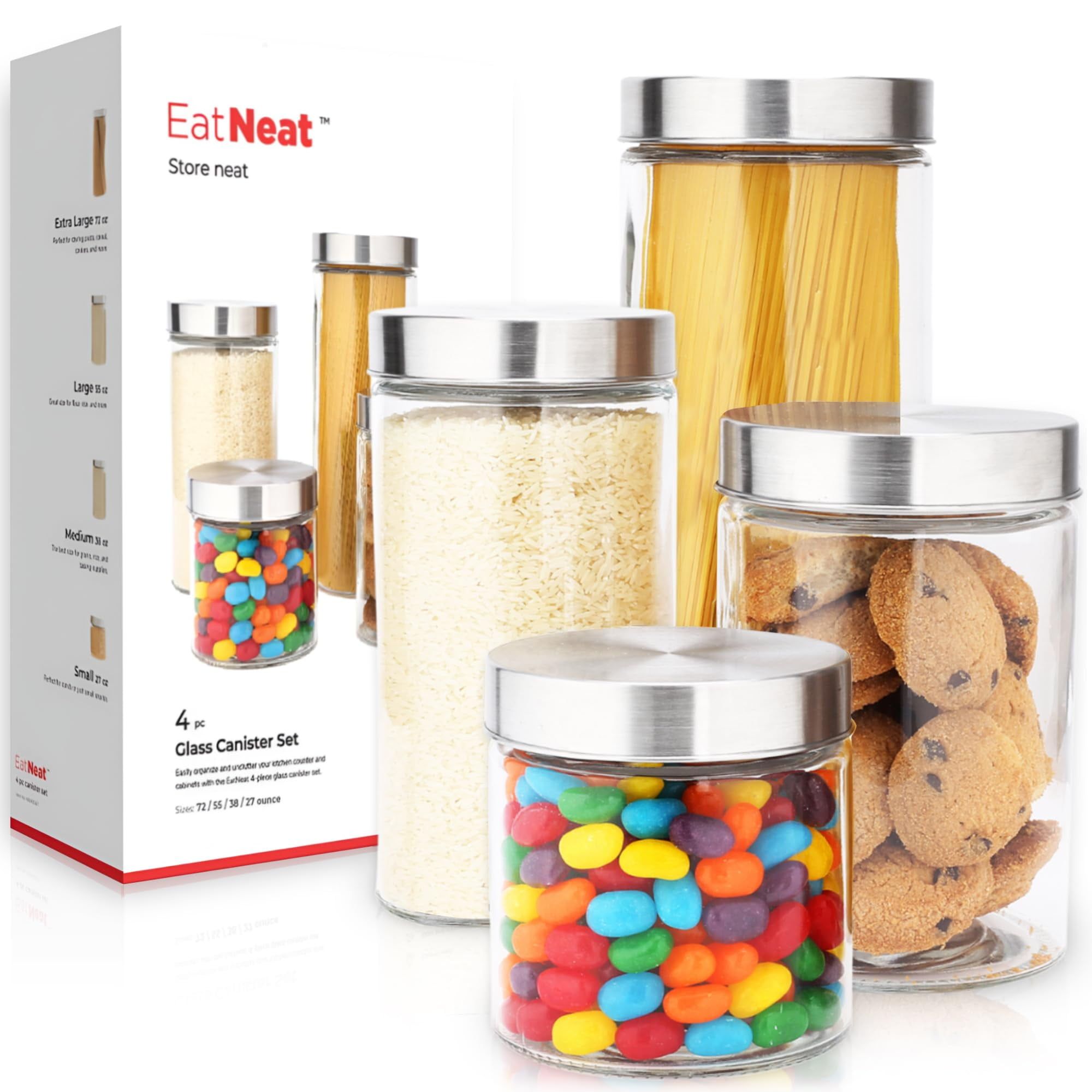 EatNeat 4-Piece Clear Glass Canister Set with Stainless Steel Lids