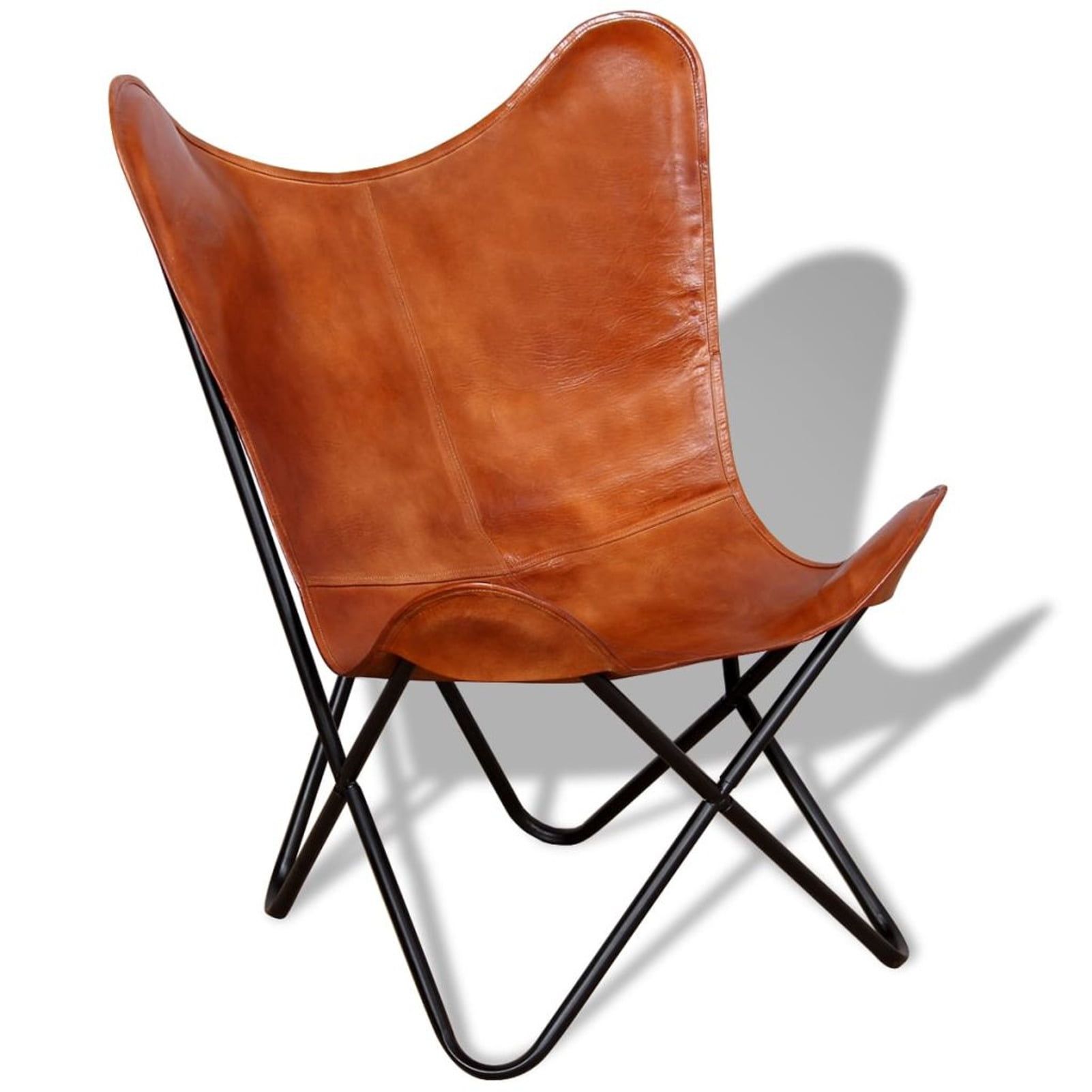 Brown Genuine Leather Butterfly Chair with Metal Frame