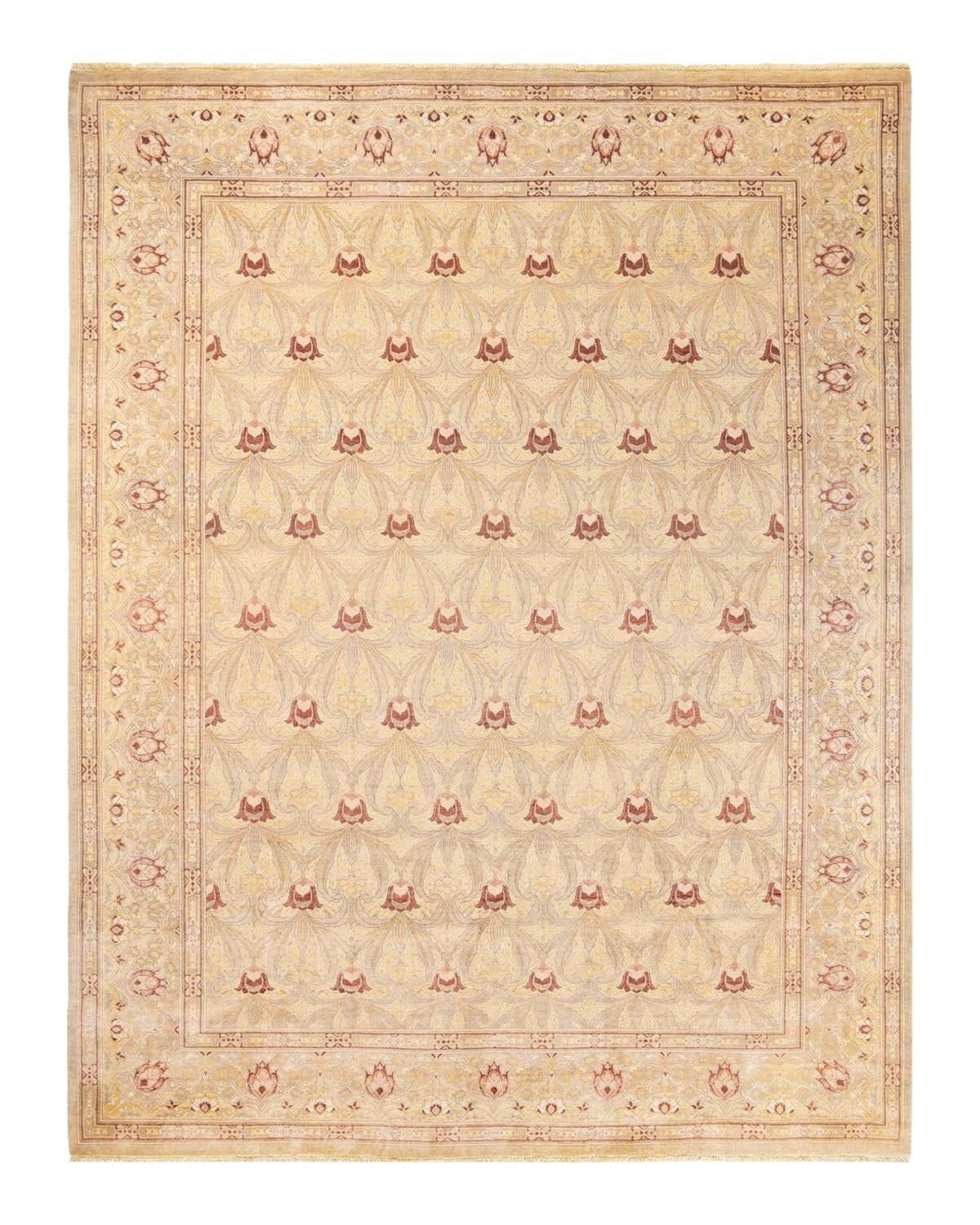 Eclectic Ivory Oriental Wool 9' x 12' Hand-Knotted Area Rug