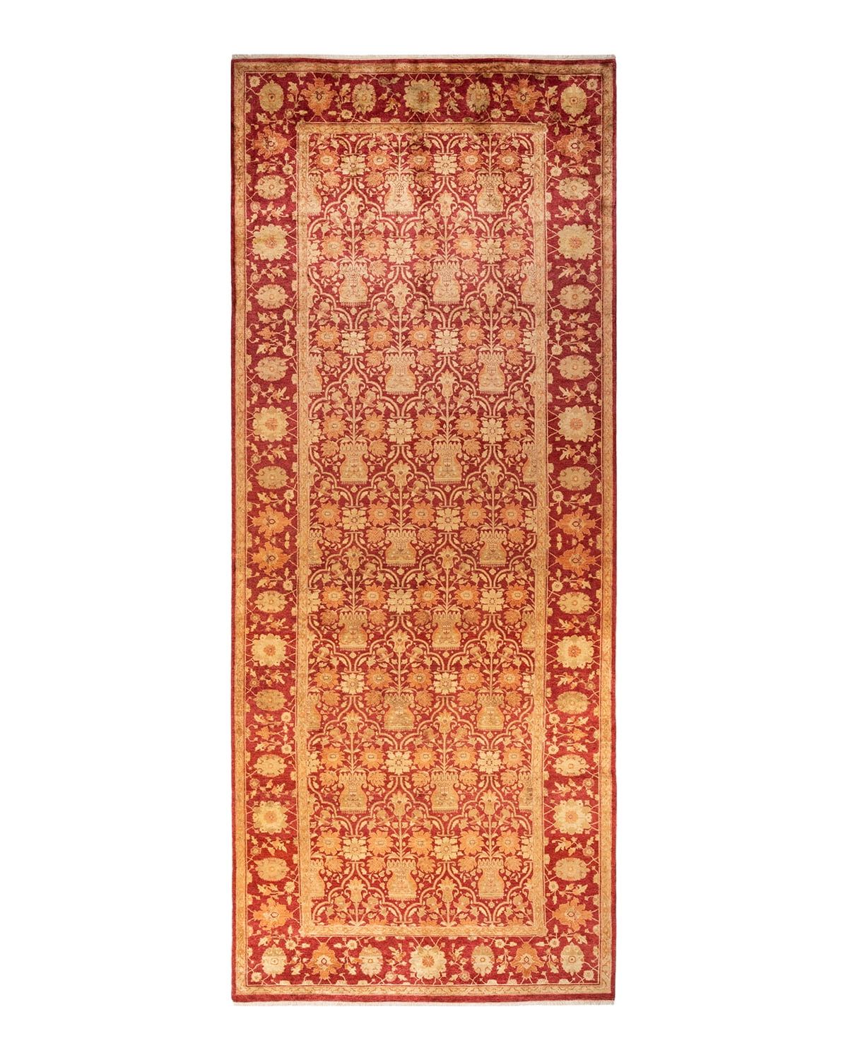 Hand-Knotted Red and Beige Wool Oriental Runner Rug