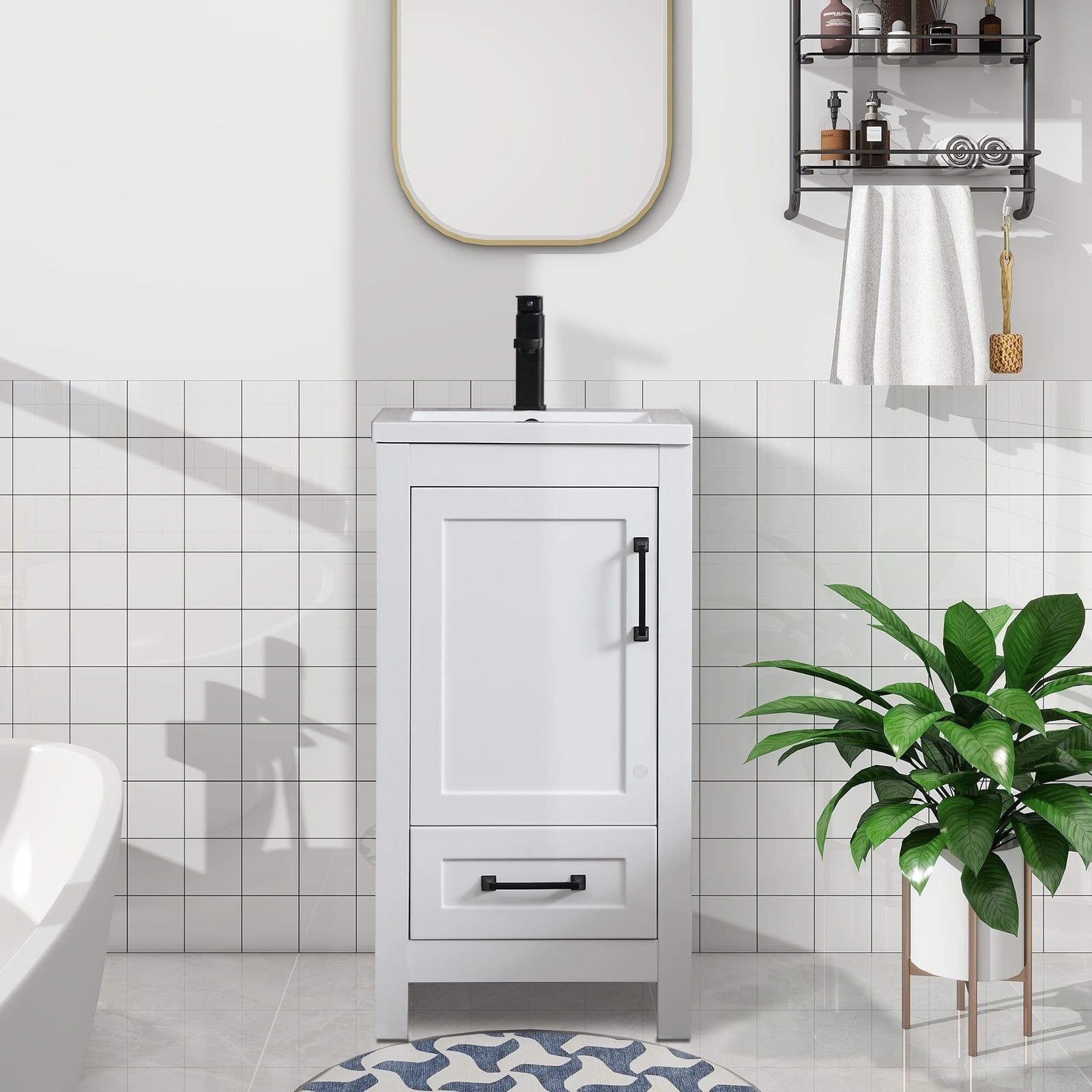 White MDF Bathroom Vanity Set with Ceramic Sink and Black Faucet