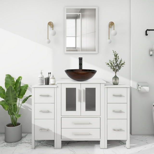 48" White Bathroom Vanity Set with Brown Glass Vessel Sink and Mirror