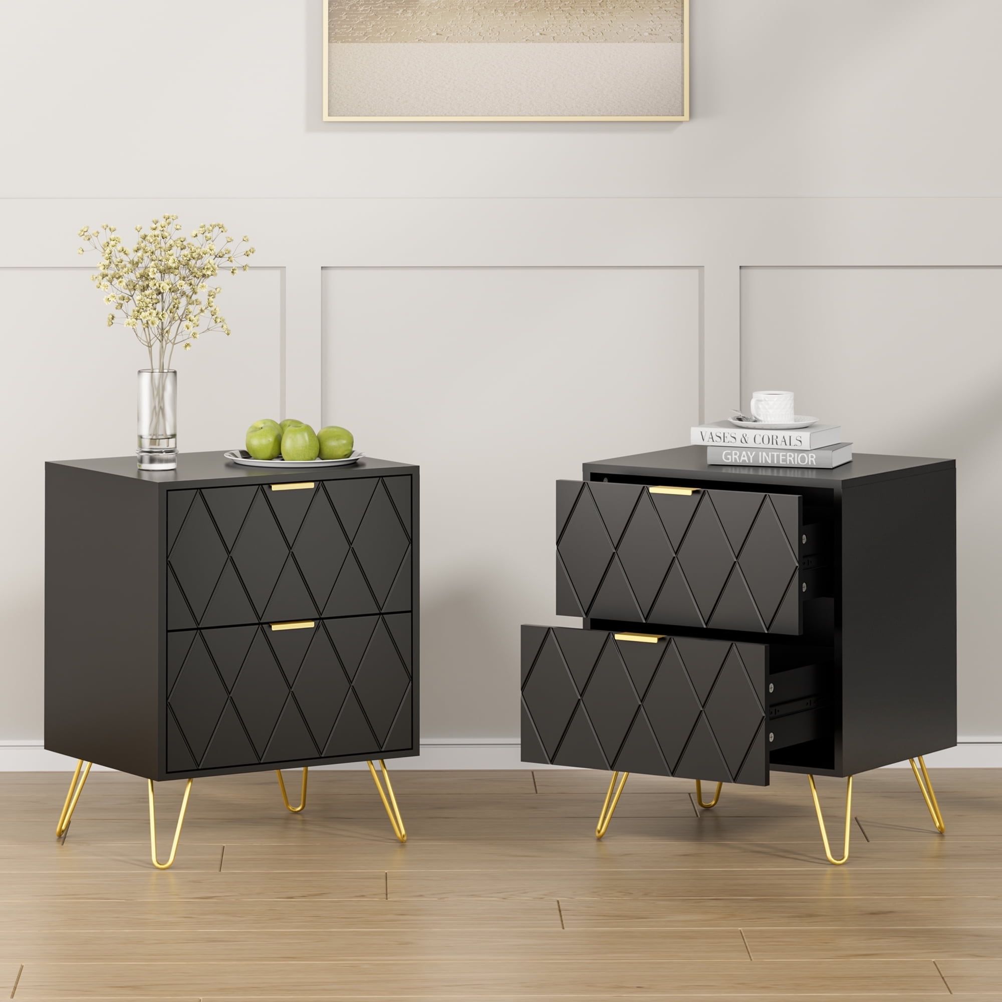 Black MDF Nightstand Set with Gold Legs and Handles