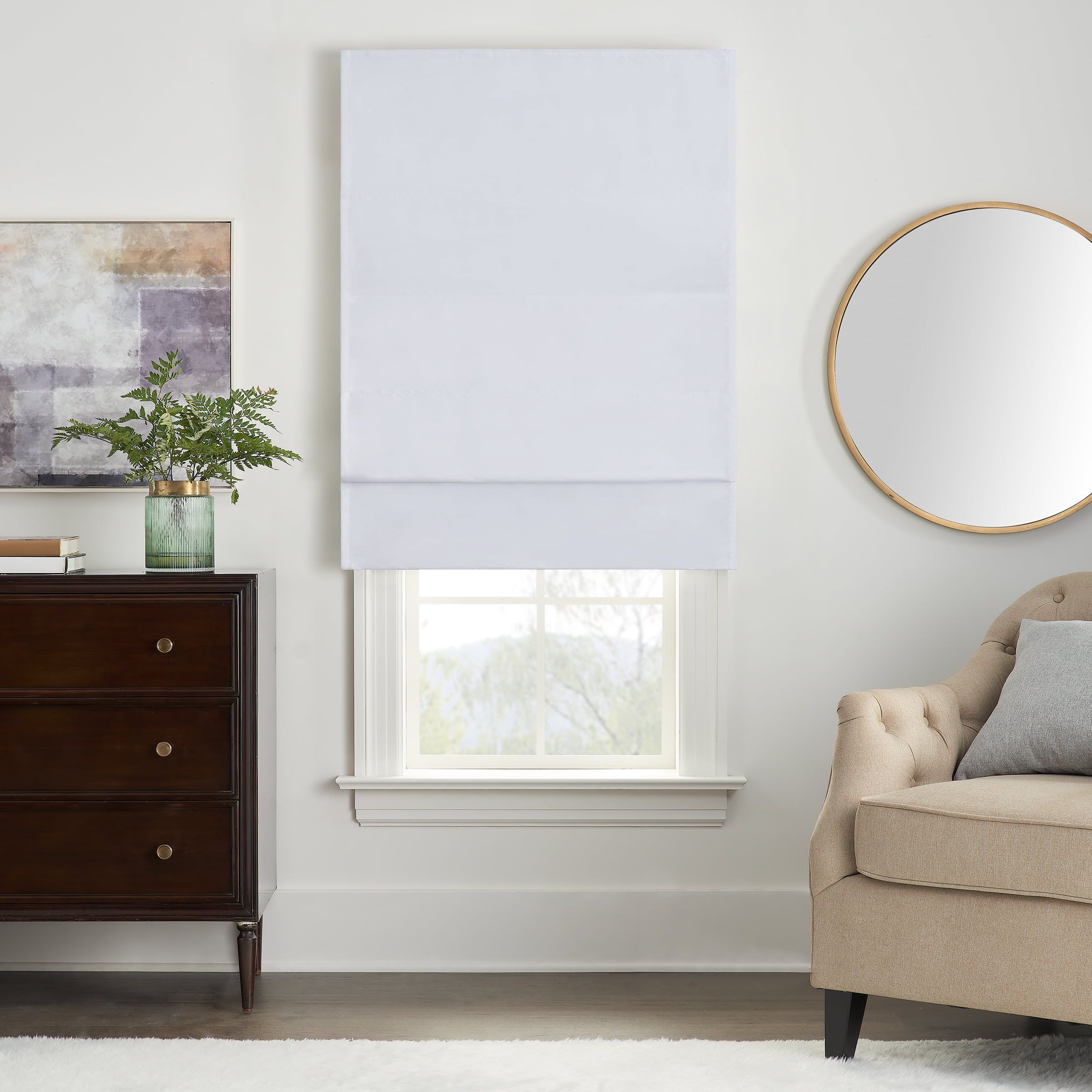 White Faux Silk Cordless Blackout Roman Shade, 27" x 64"