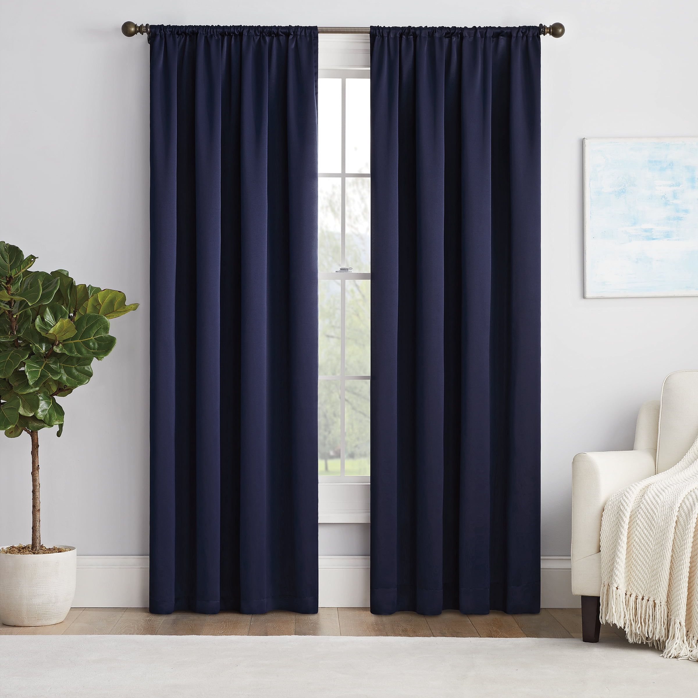 Navy Room-Darkening Rod Pocket Polyester Curtain Panel, 54 x 84