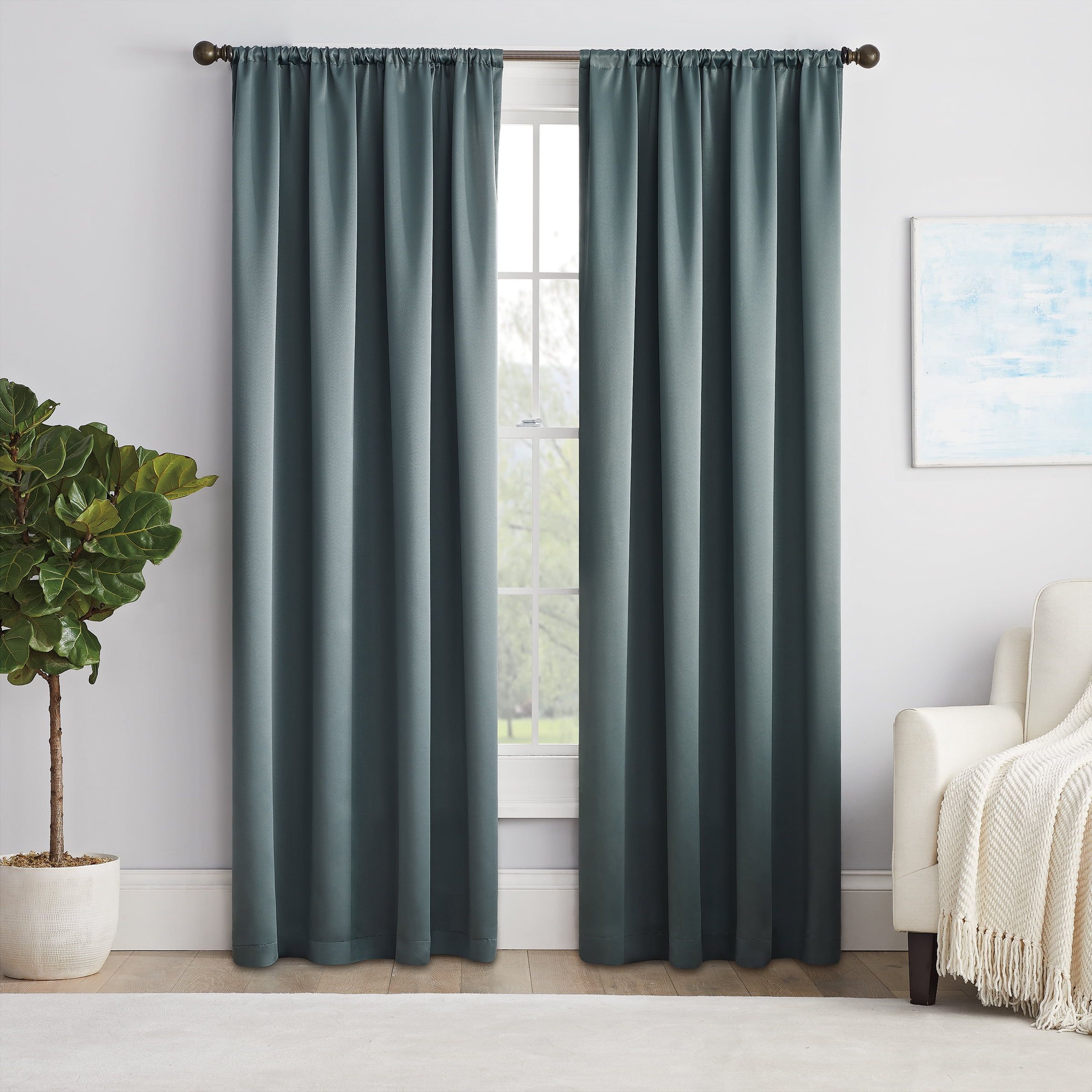 River Blue Polyester Room-Darkening Rod Pocket Curtain Panel, 54" x 54"