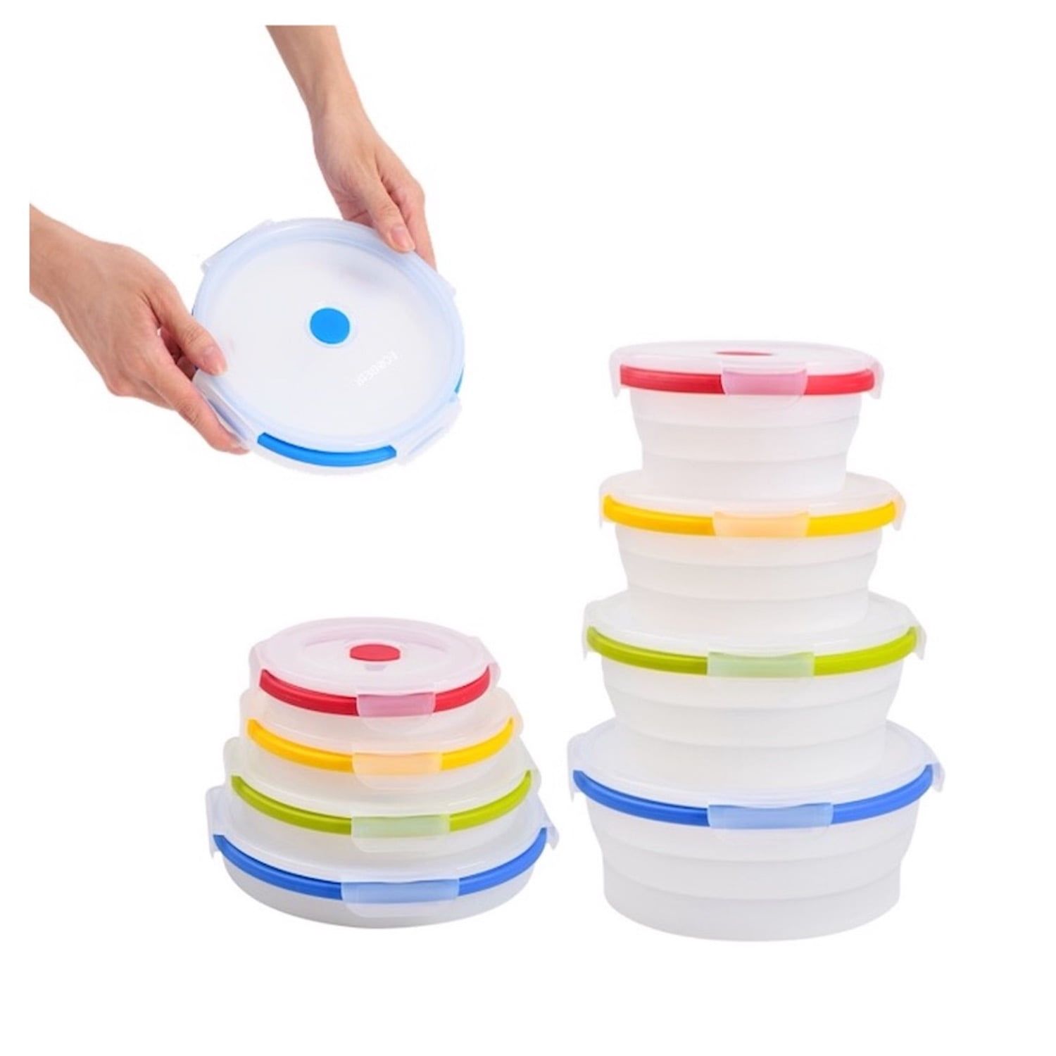 Round Multicolor Collapsible Silicone Food Storage Containers, Set of 4