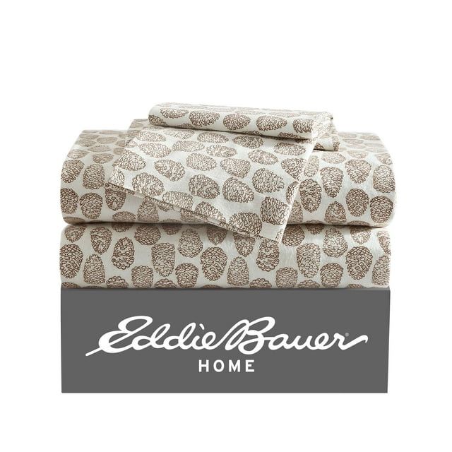 Beige Cotton Flannel Twin Sheet Set with Pine Cone Print