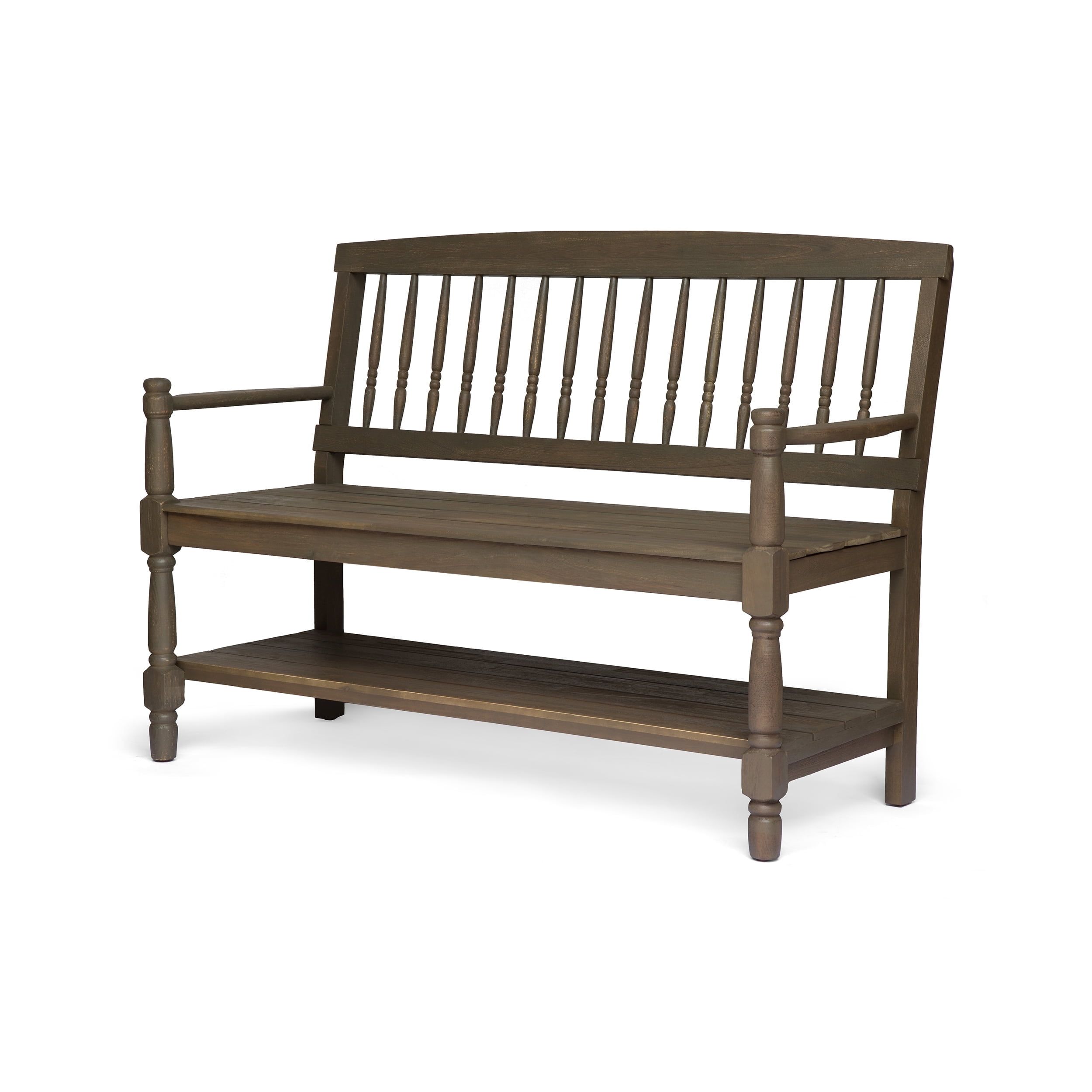 Rustic Acacia Wood Outdoor Bench with Spindle Backrest, Gray