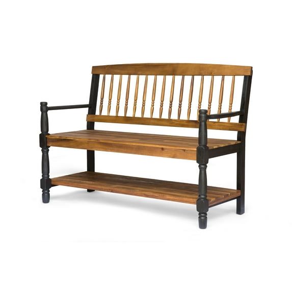 Rustic Teak and Black Acacia Wood Bench with Storage Shelf