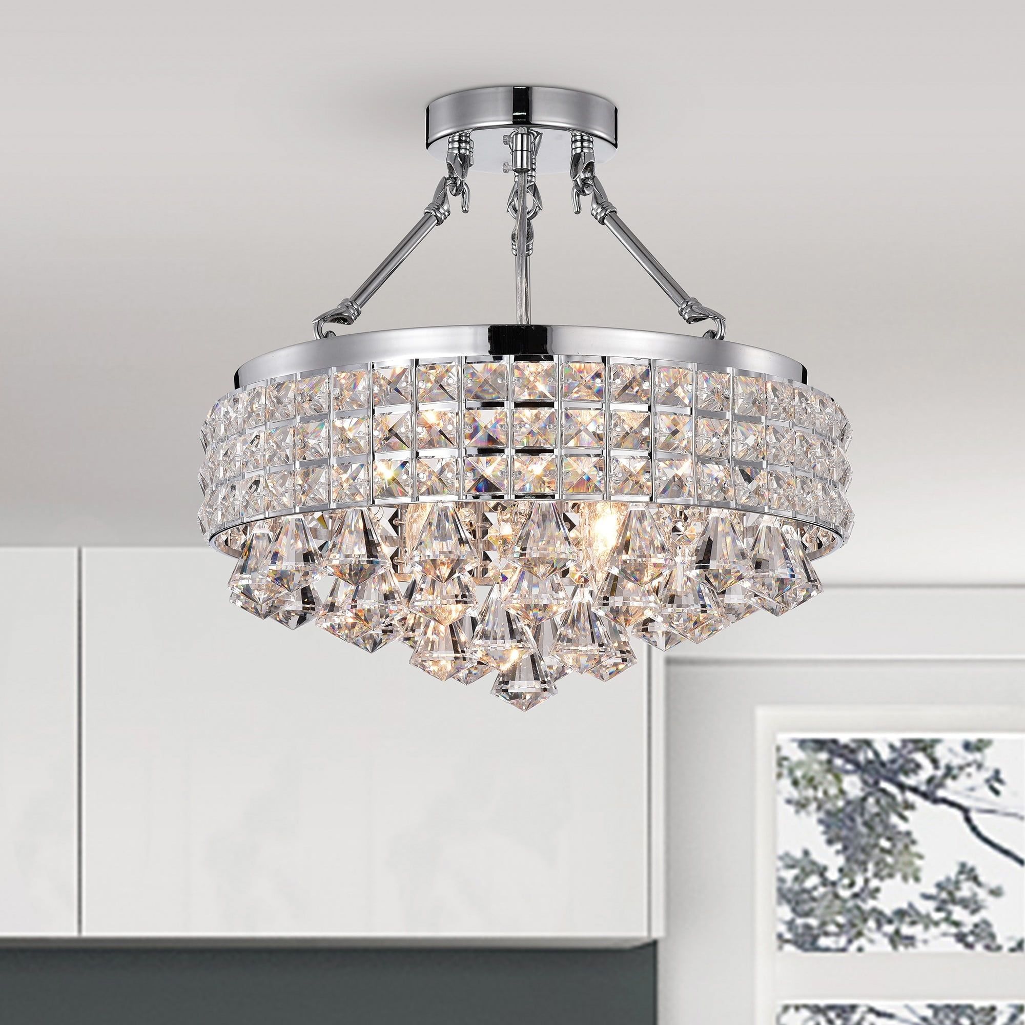 Elegant Chrome 15" Beaded Drum Crystal Semi-Flush Ceiling Light