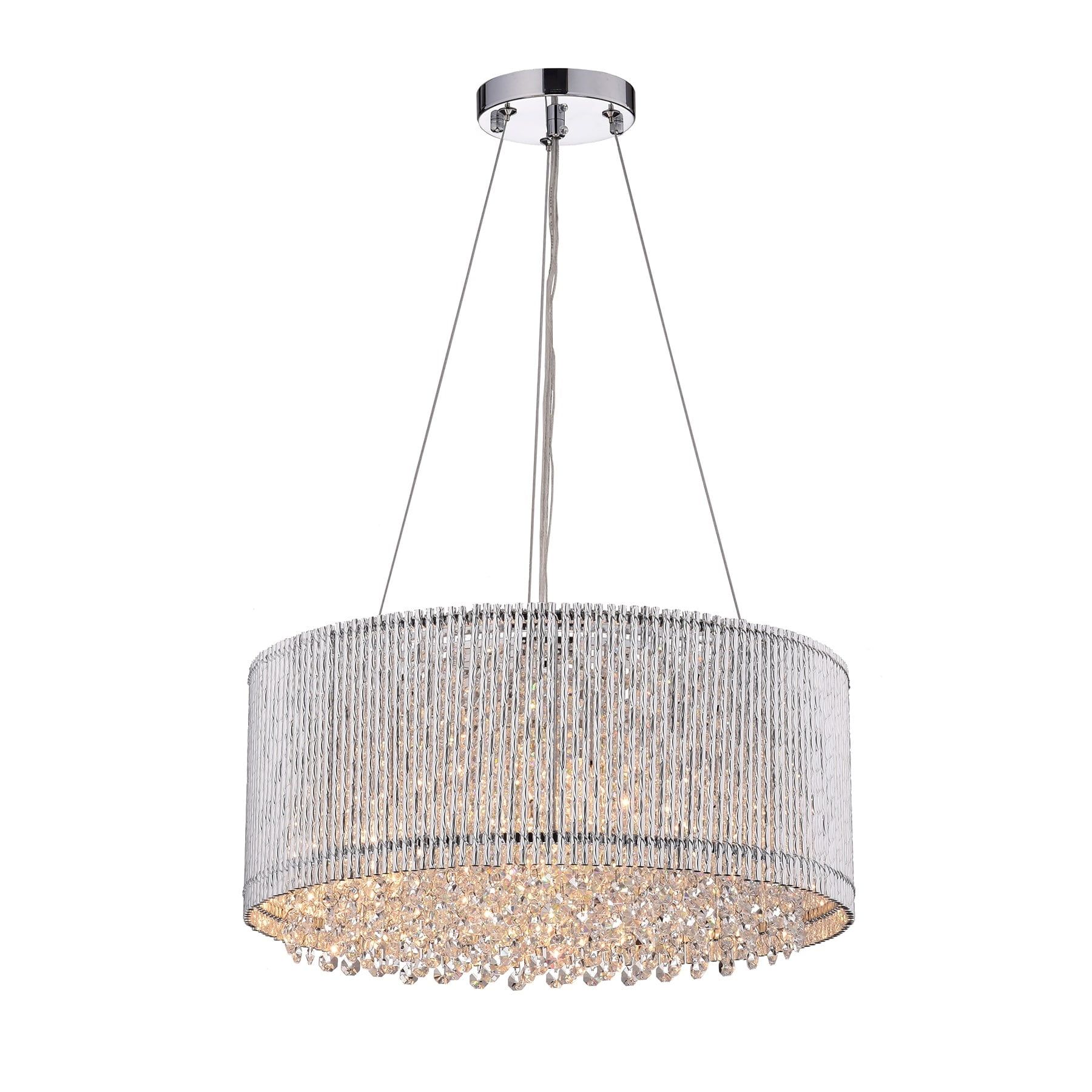 Chrome and Crystal Drum Shade Chandelier with Hanging Crystals