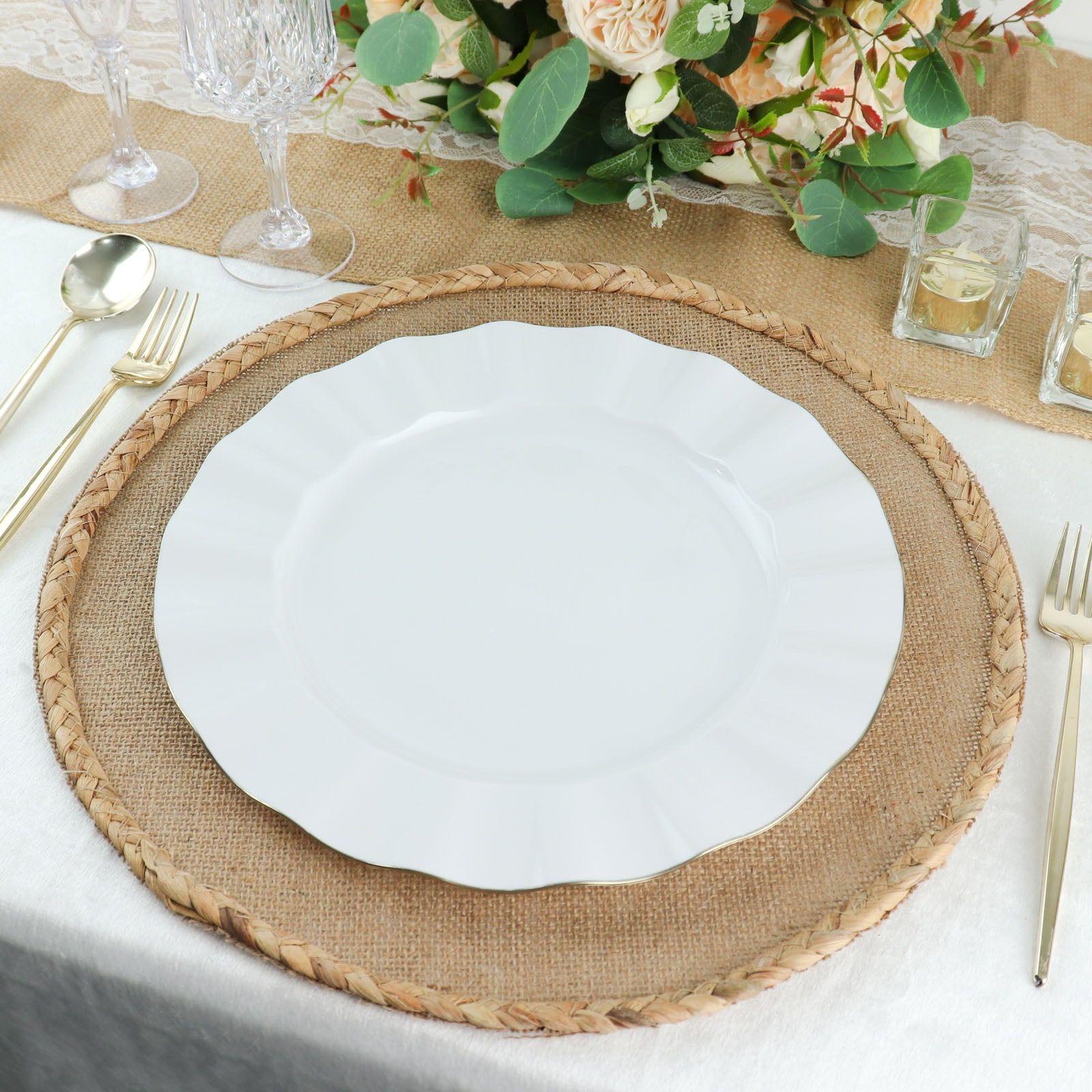 White and Gold 11" Round Plastic Dinner Plates, Set of 10