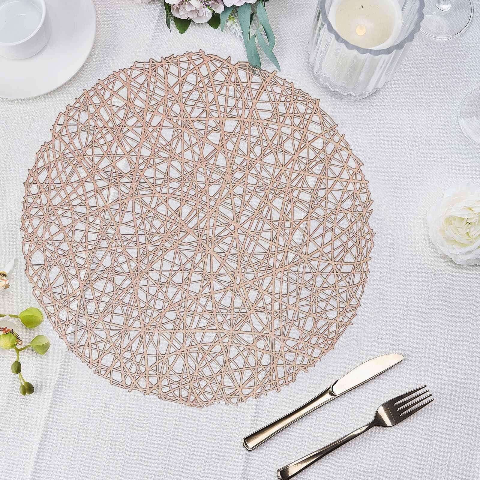 Rose Gold Round Woven Vinyl Placemats, 15" Non-Slip Set of 6