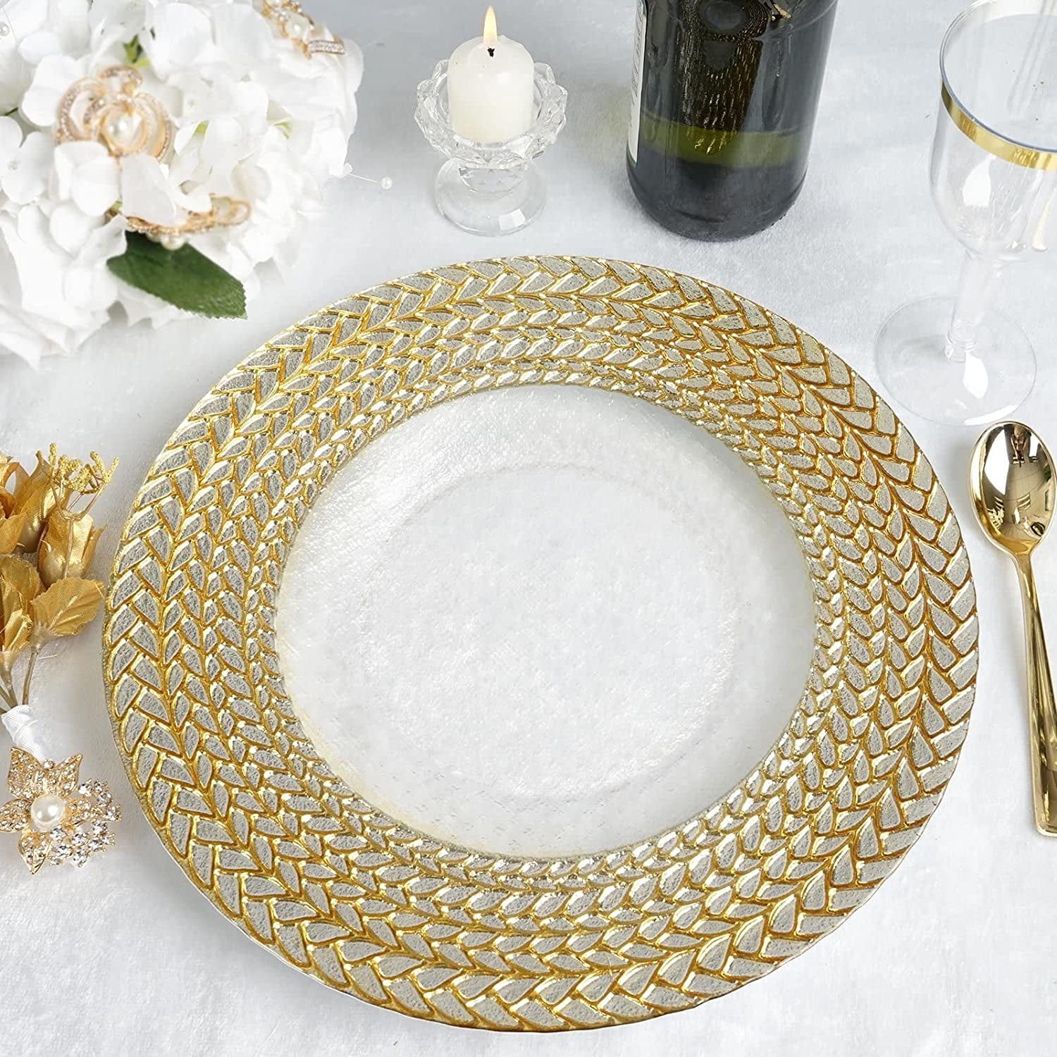 Luxurious Clear Glass Charger Plates with Gold Braided Rim, 13" Round, Set of 8