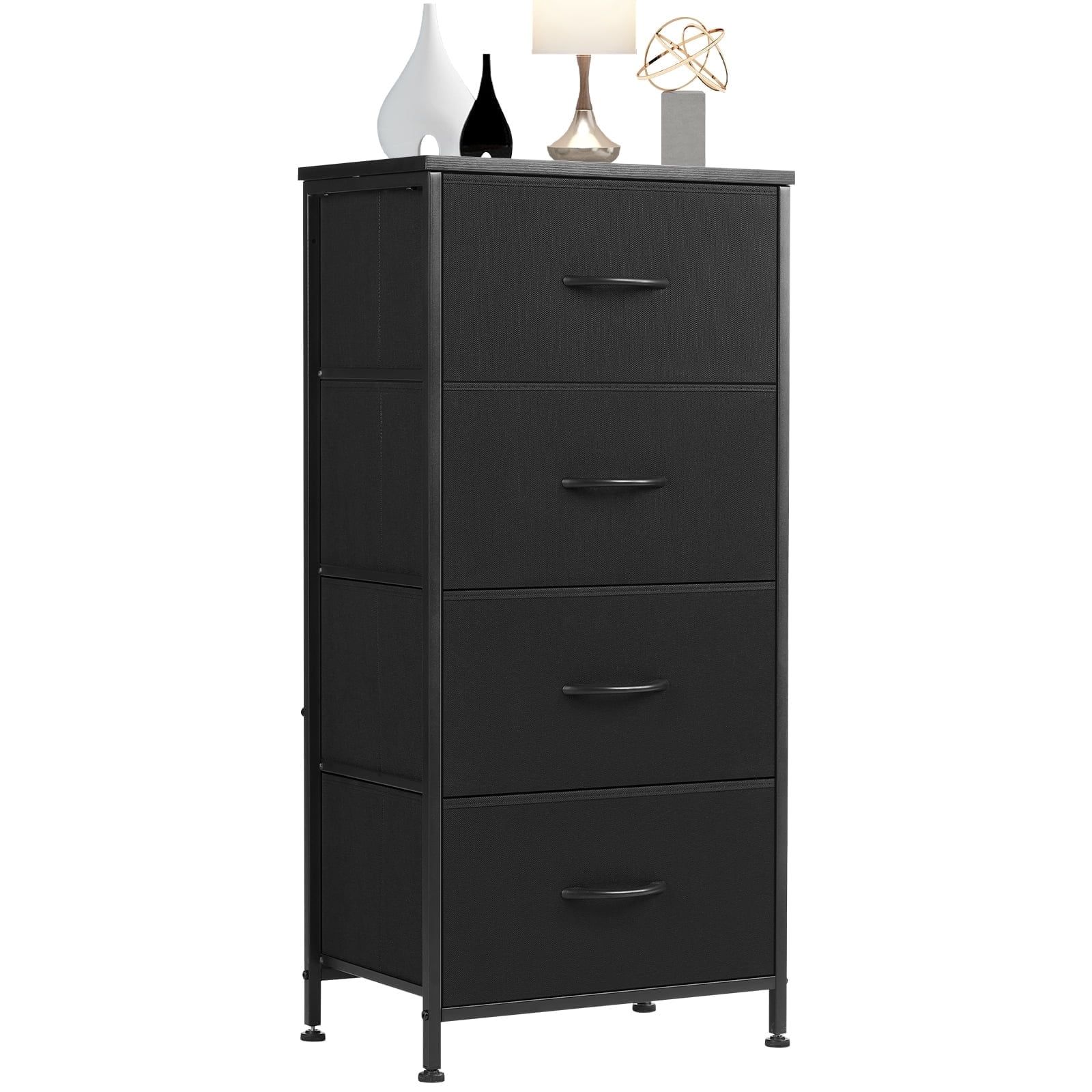 Black 4-Drawer Tall Fabric Storage Dresser with Wooden Top