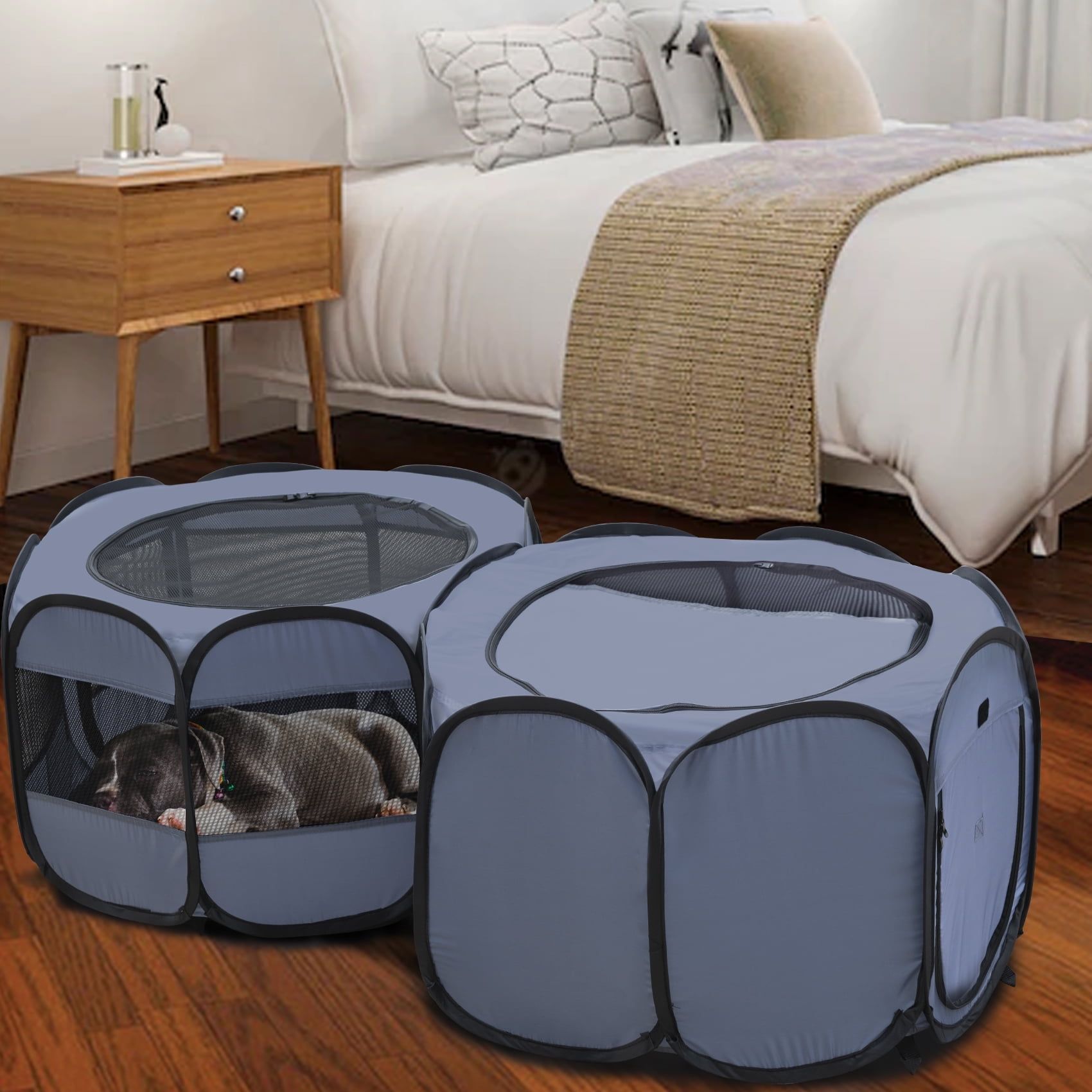 Gray Double Room Pop-Up Pet Playpen for Small Pets