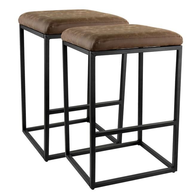 Brown Faux Leather Backless Bar Stools with Metal Base, Set of 2