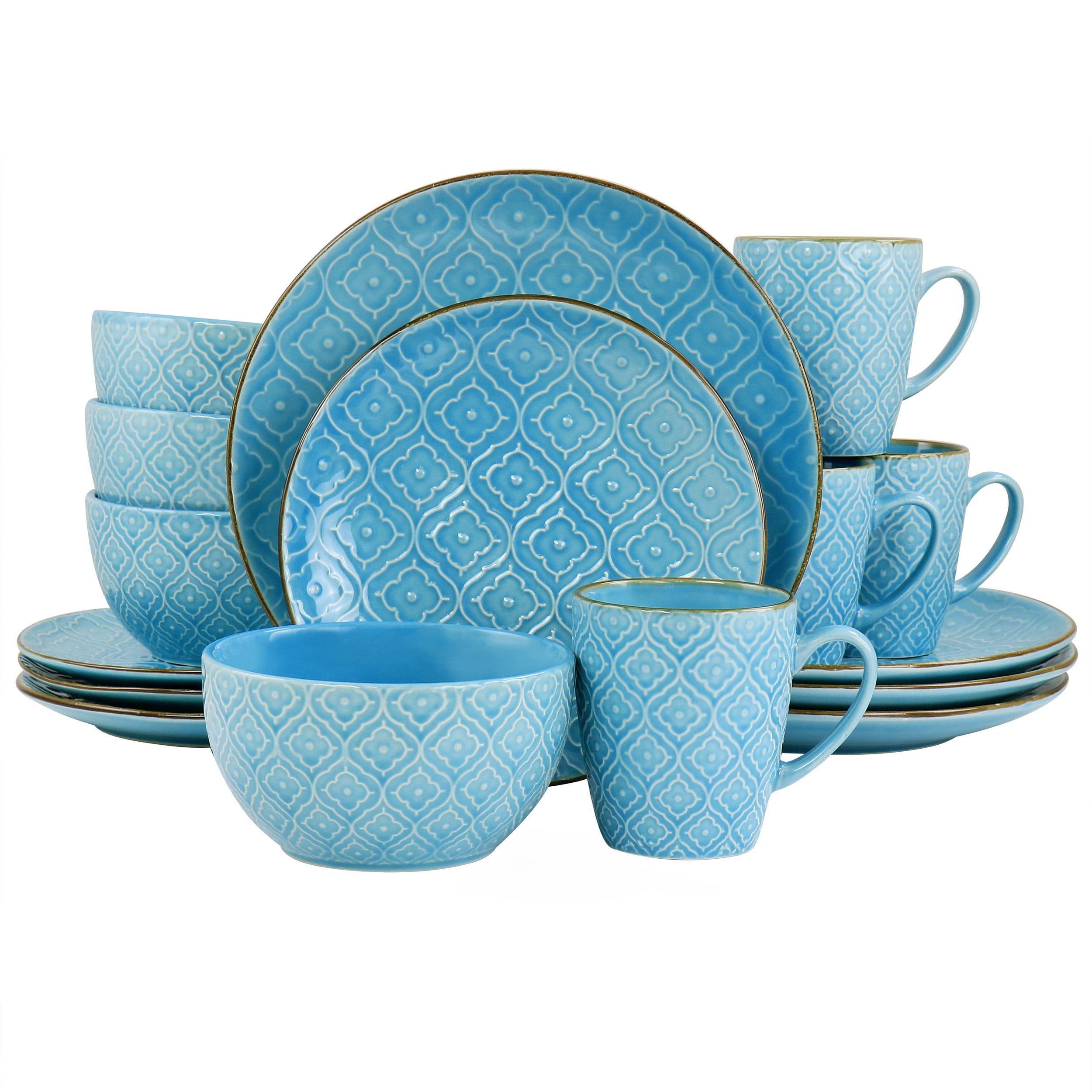 Aqualite Teal Embossed Stoneware 16-Piece Dinnerware Set