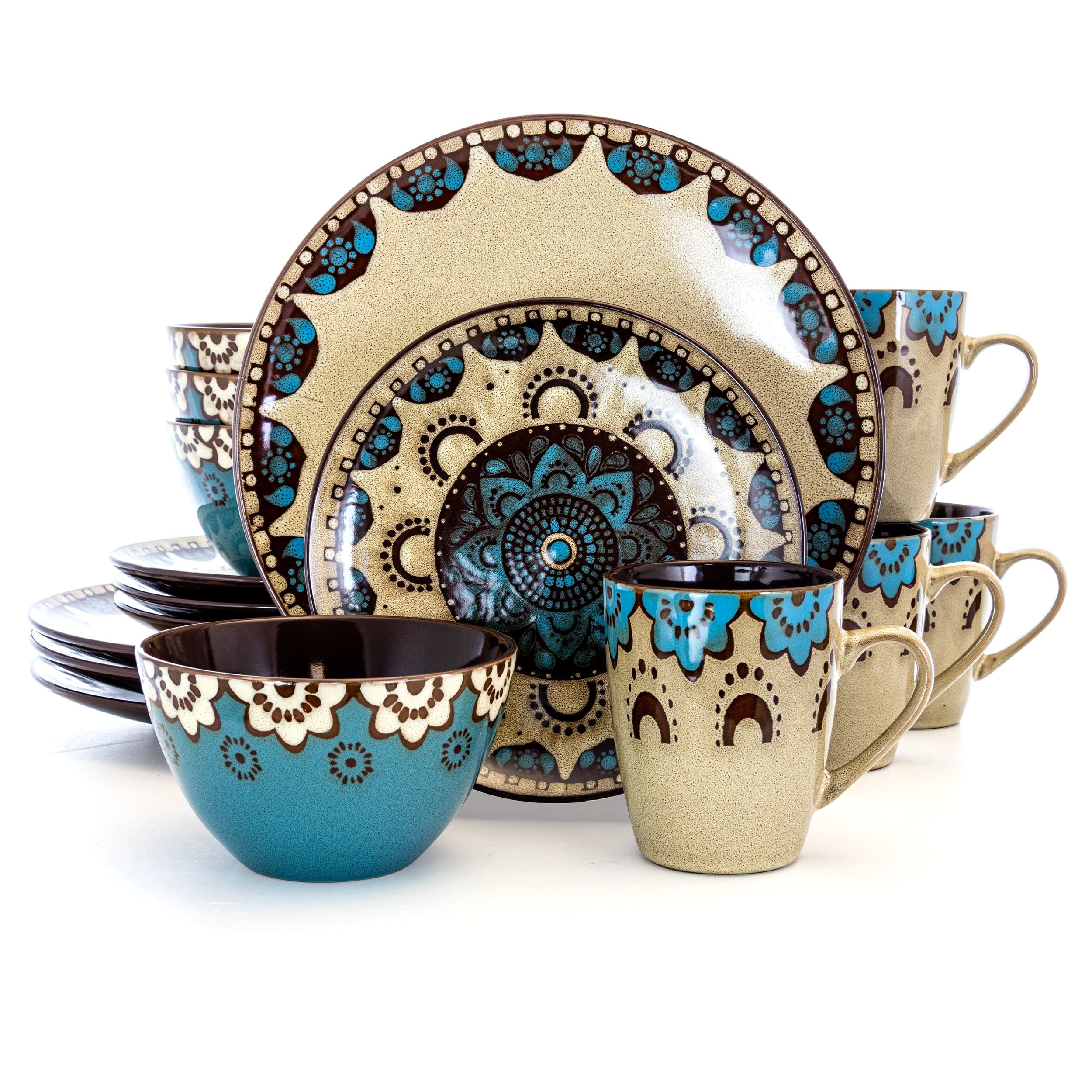 Clayheart 16-Piece Blue and Tan Ceramic Dinnerware Set