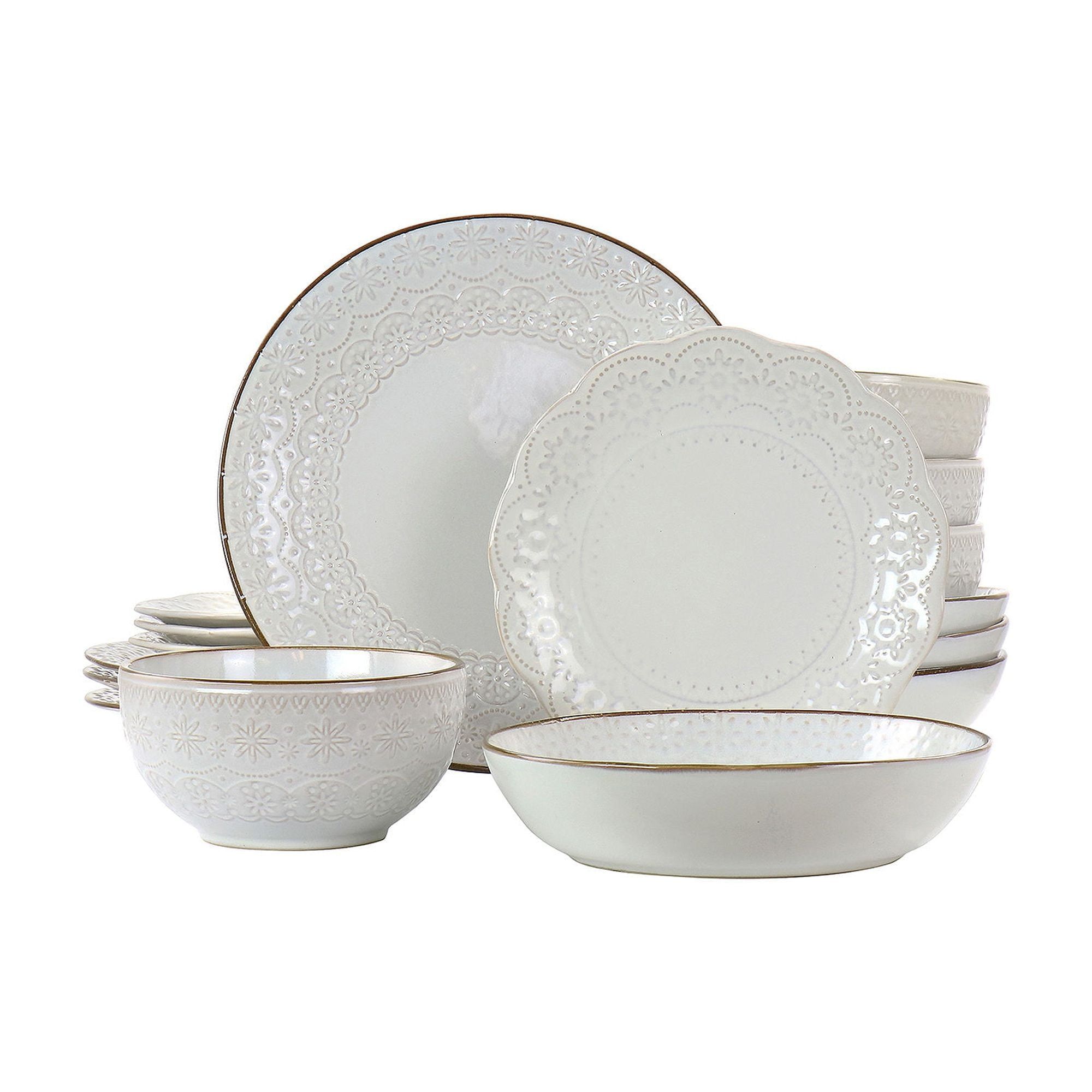 Ivory Embossed Ceramic 16-Piece Dinnerware Set for Four