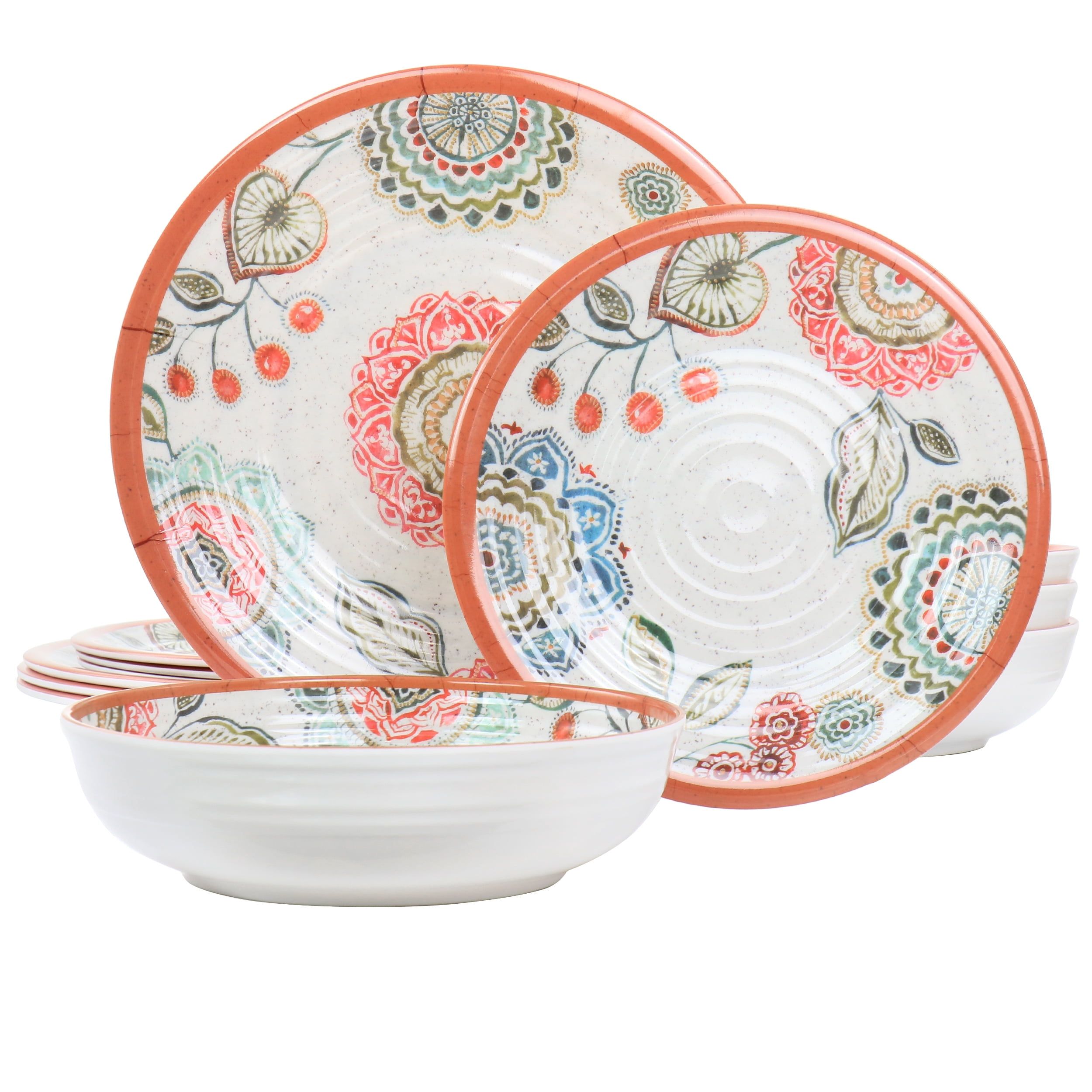 Floral Mandala Melamine Outdoor Dinnerware Set, Service for 4