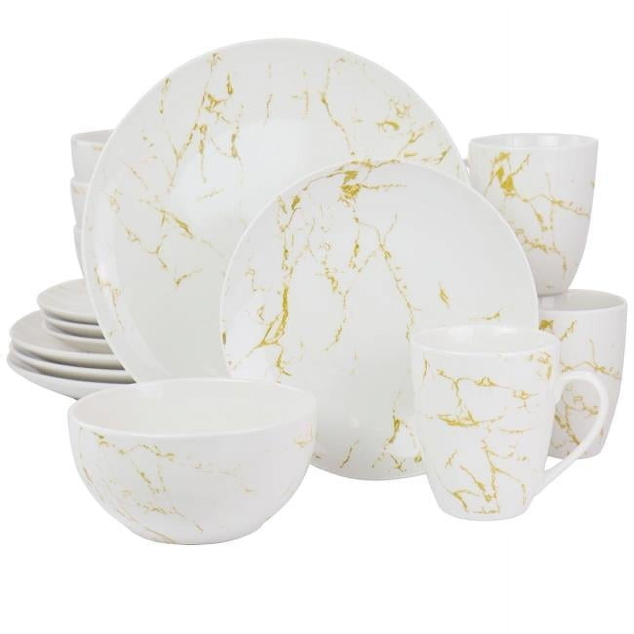 White and Gold Marble Ceramic Dinnerware Set, Service for 4