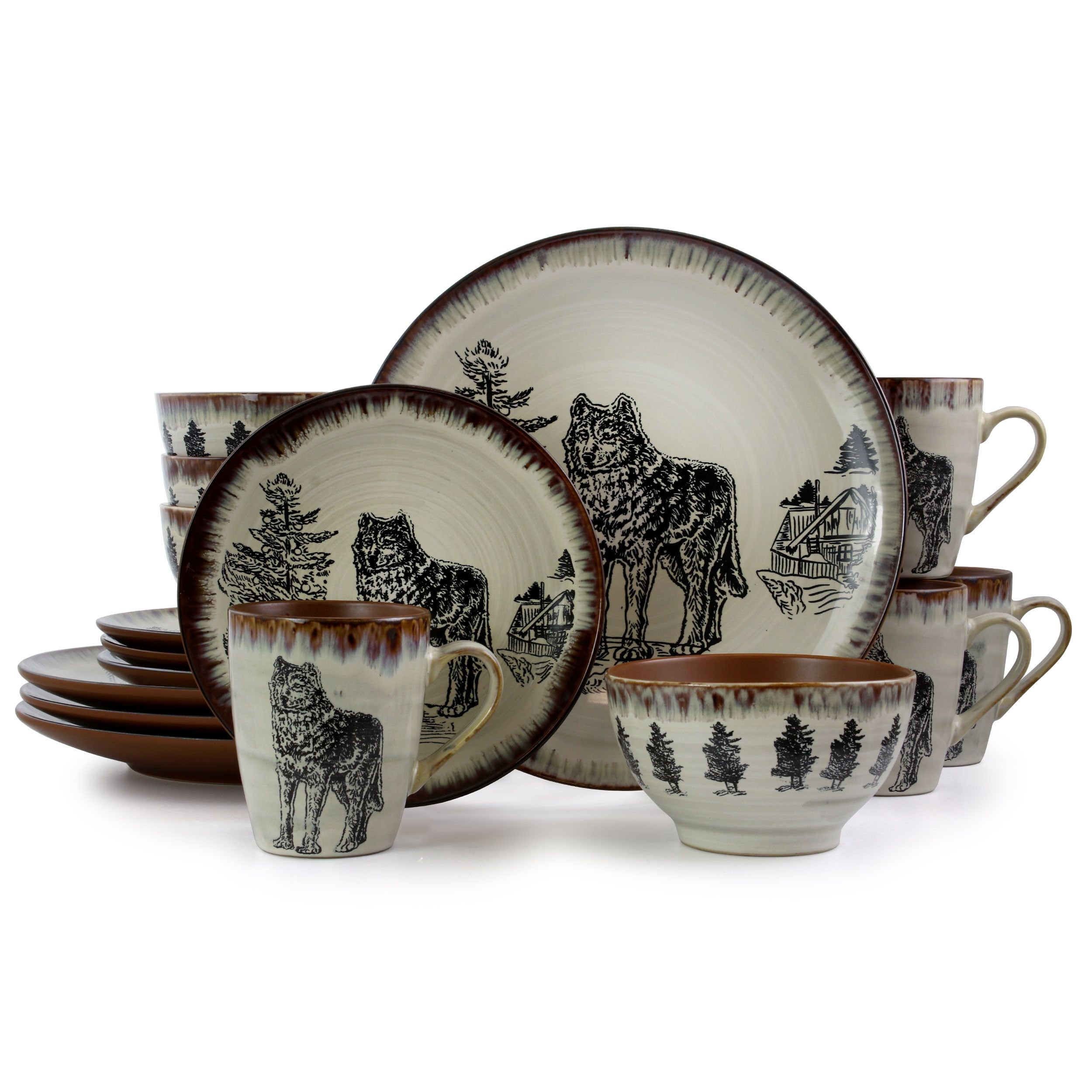 Majestic Wolf Taupe and Brown Ceramic Dinnerware Set, Service for 4