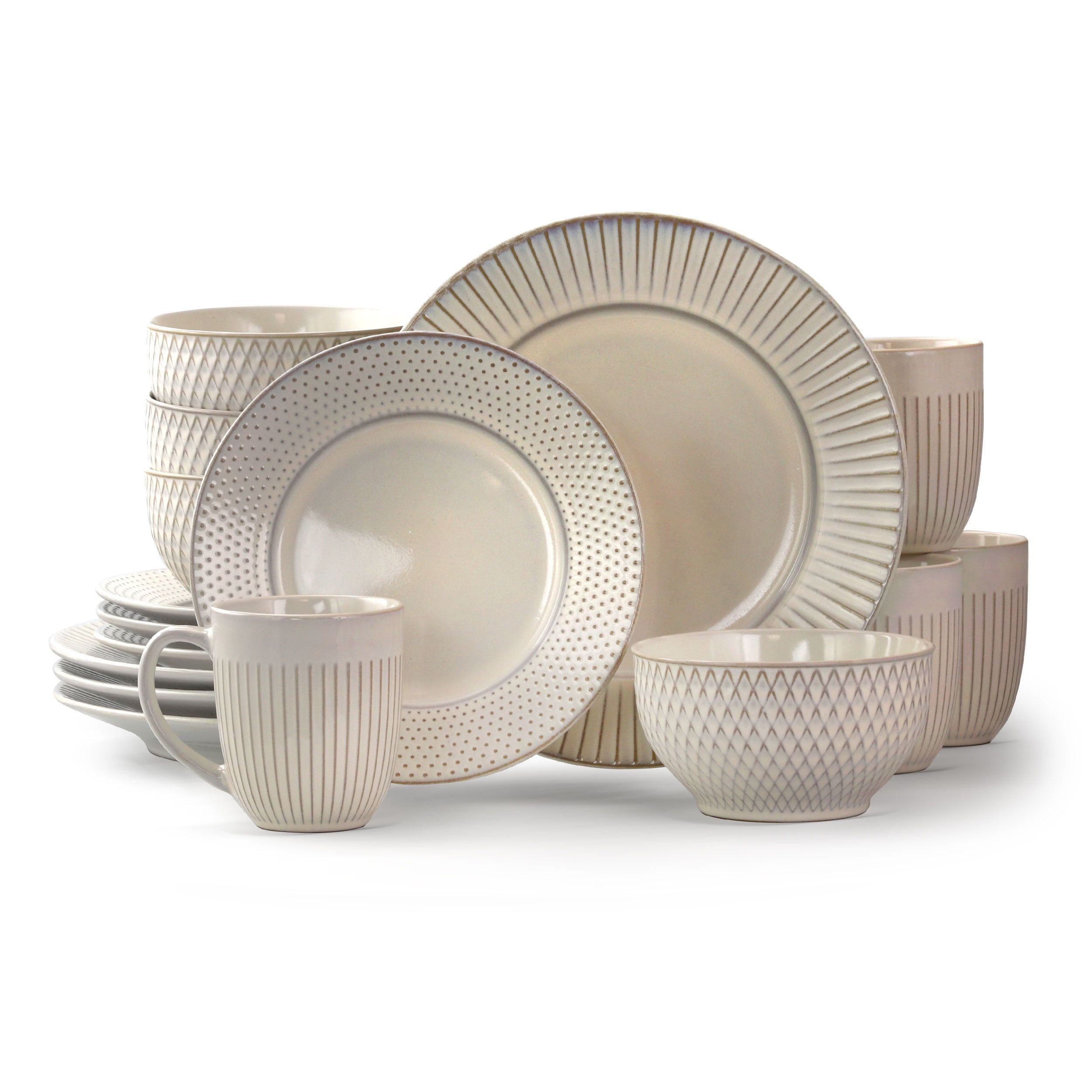 White Embossed Ceramic 16-Piece Round Dinnerware Set