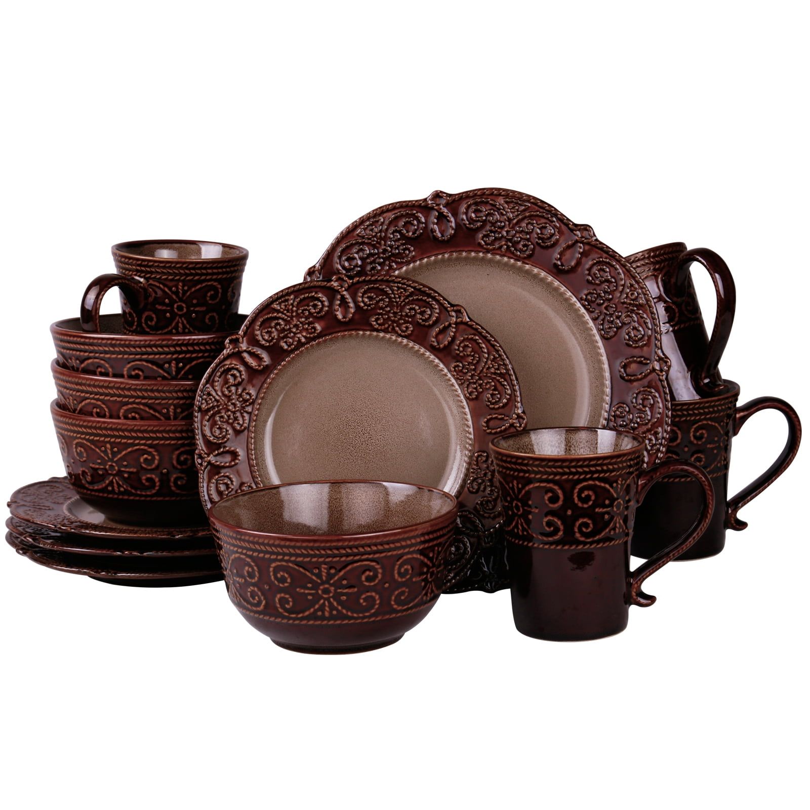 Salia Brown Embossed Ceramic 16-Piece Dinnerware Set