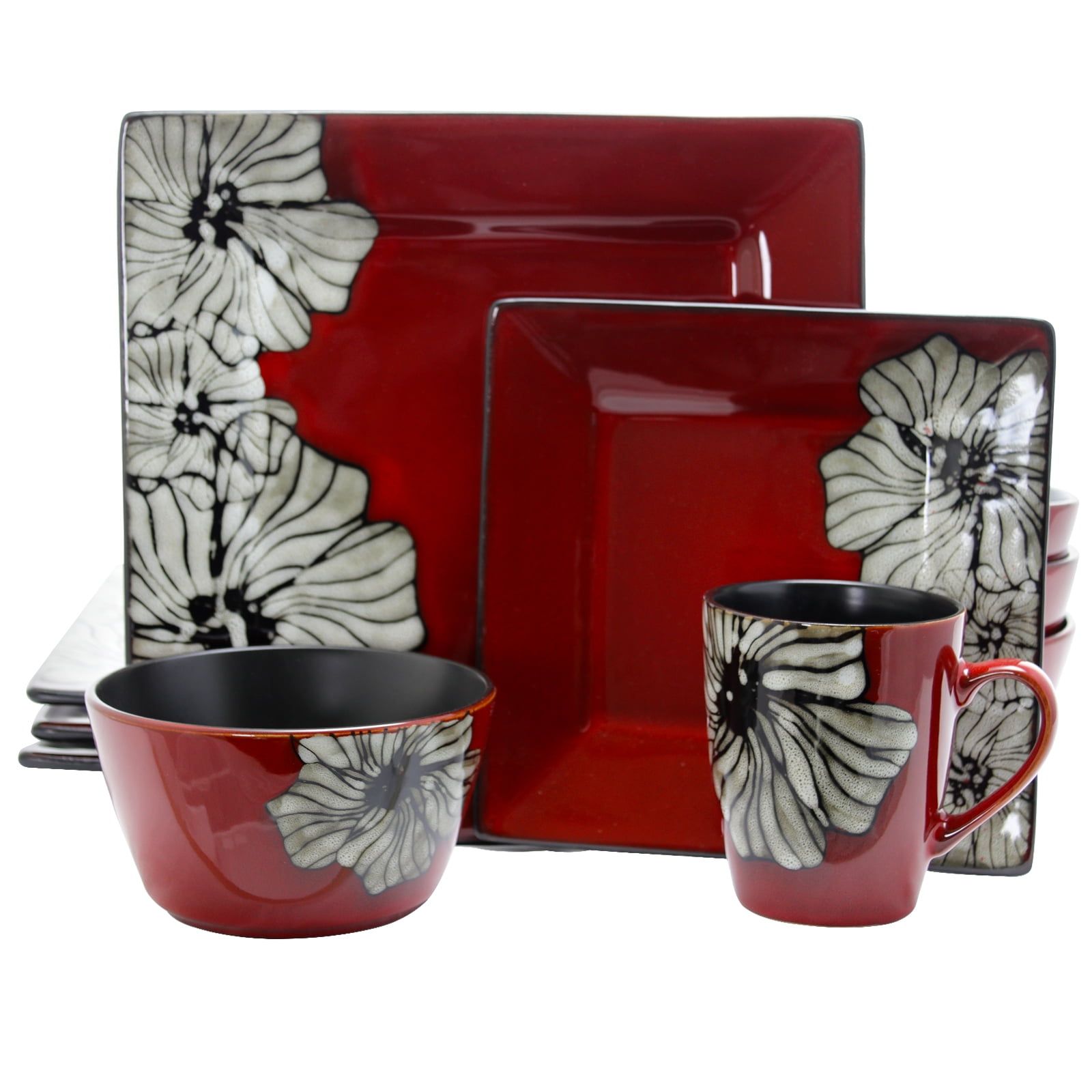 Red Ceramic Square Dinnerware Set with White Flower Accents, Service for 4