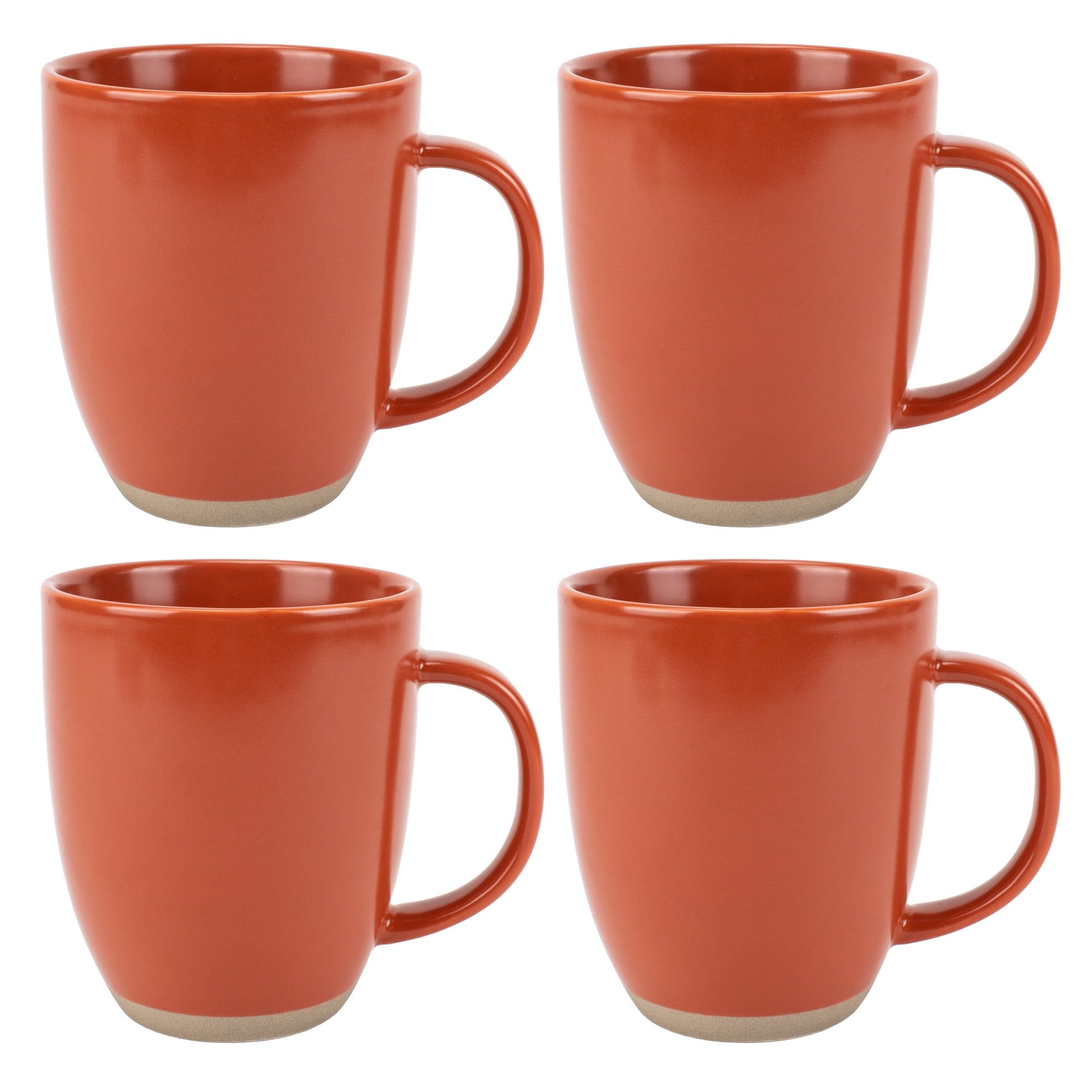 Rust Red 13 oz Ceramic Coffee Mugs with Raw Clay Bottom, Set of 4