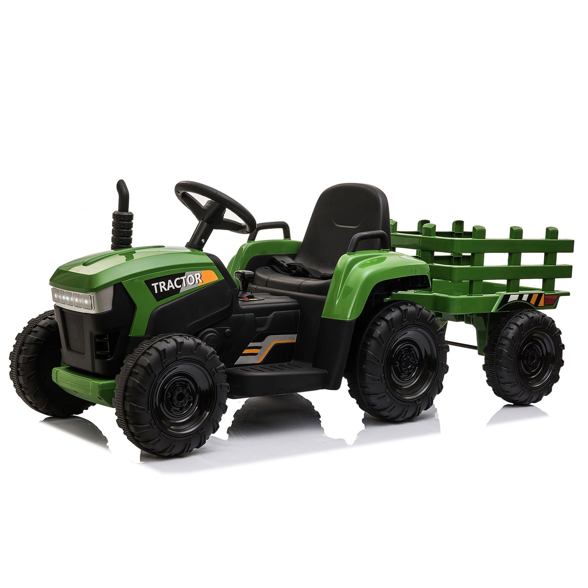 12V Green Ride-On Tractor with Trailer and LED Lights