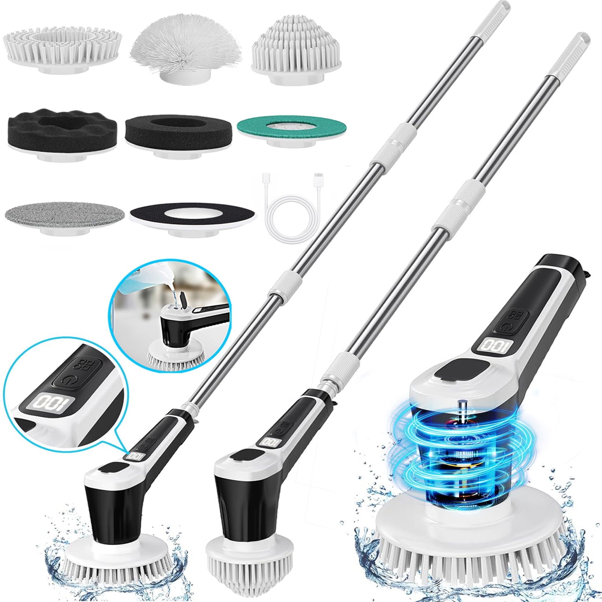 Cordless Electric Spin Scrubber with Adjustable Handle and 7 Heads