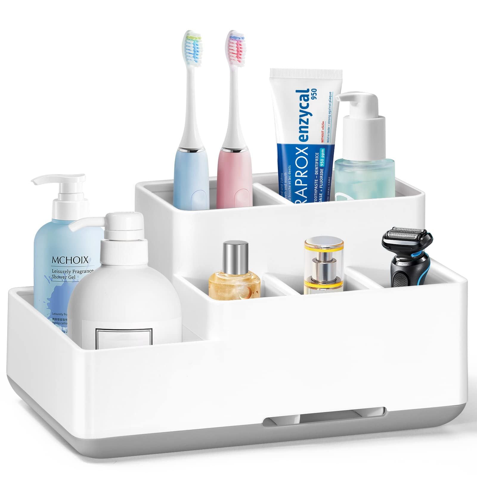 White ABS Multi-Compartment Bathroom Countertop Organizer