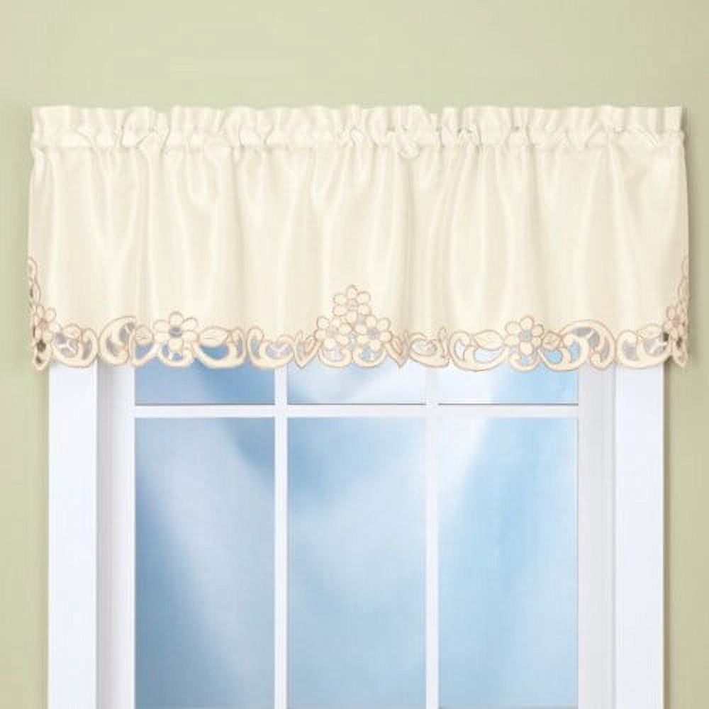 Cream Embroidered Floral Scroll Rod Pocket Window Valance, 58" x 13"