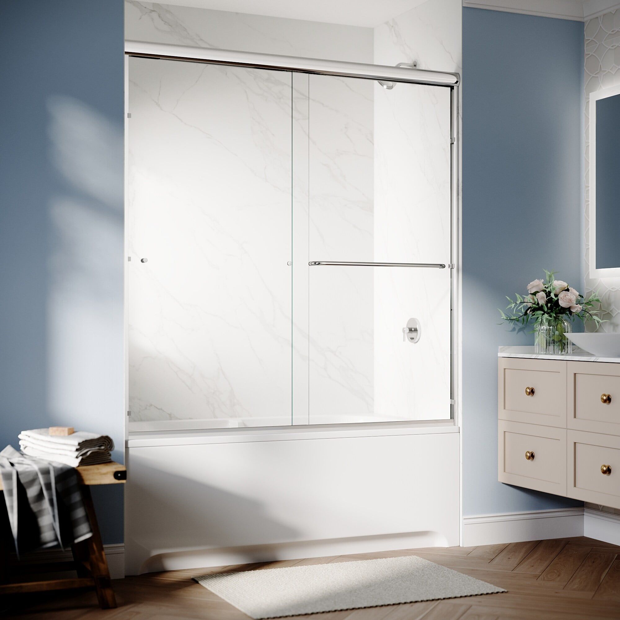 Elegant Chrome 60 x 62 Semi-Frameless Double Sliding Shower Door