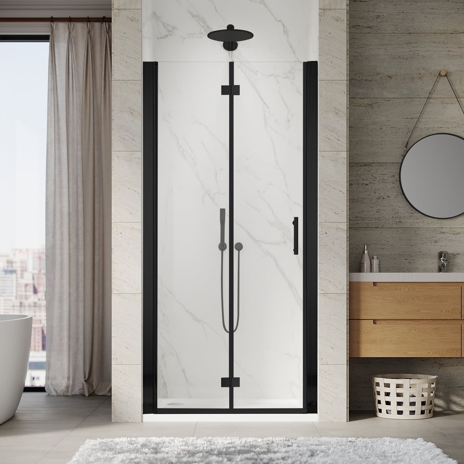 Elegant Matte Black Frameless Bi-Fold Shower Door 34"W x 72"H