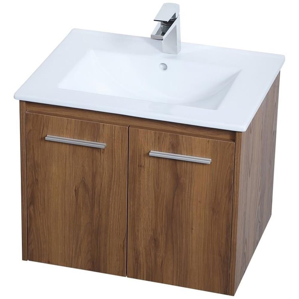 Walnut Brown 24" Floating Single Bathroom Vanity with Porcelain Top