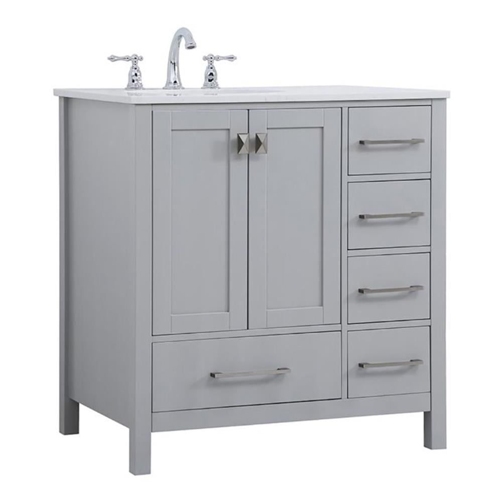 Gray Solid Wood and Stone Single Bathroom Vanity with Five Drawers