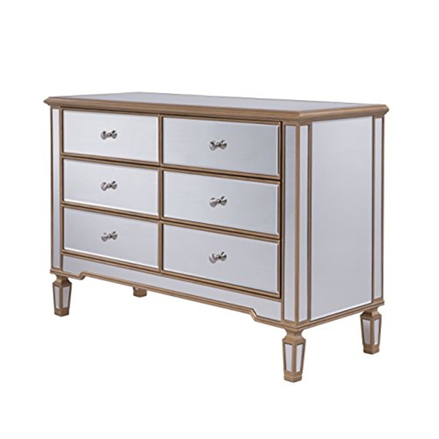 Gold Mirrored 6-Drawer Dresser with Crystal Knobs