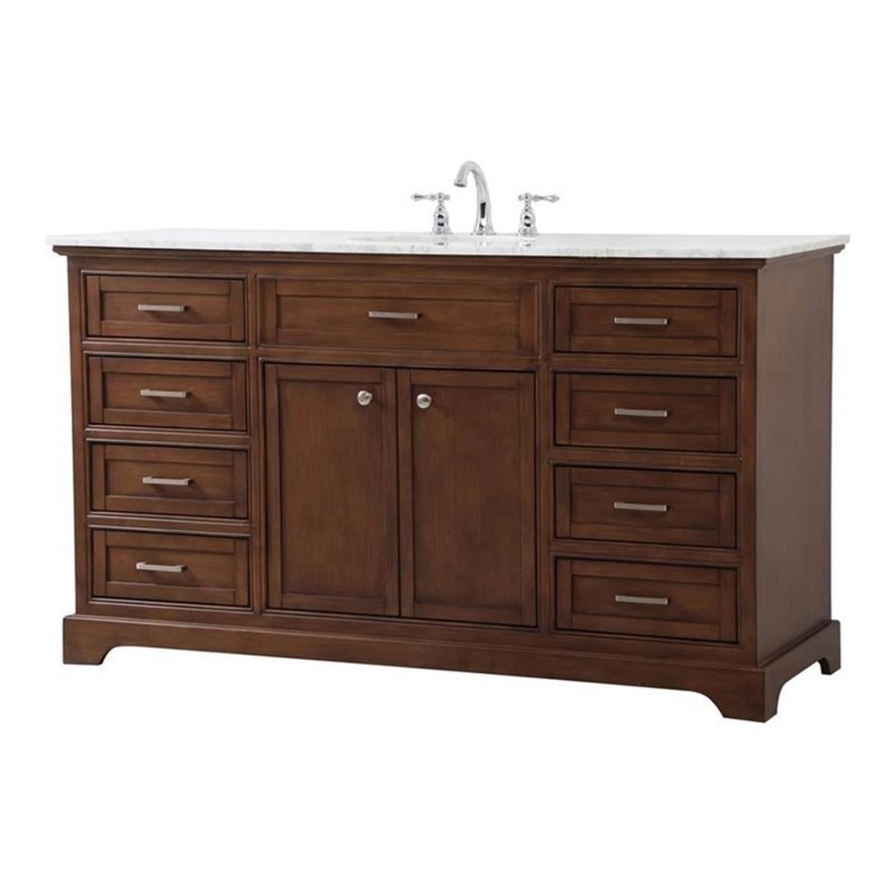 Teak and Carrara White Marble Single Bathroom Vanity with Porcelain Sink