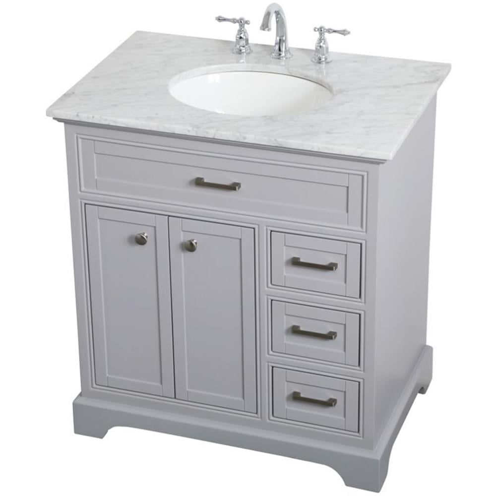 Gray Freestanding Single Vanity with Marble Top and Porcelain Sink