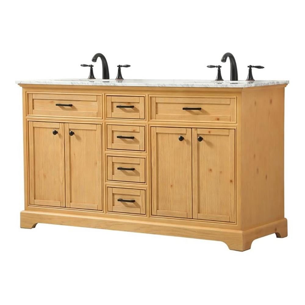 Natural Wood Double Bathroom Vanity with Carrara Marble Top