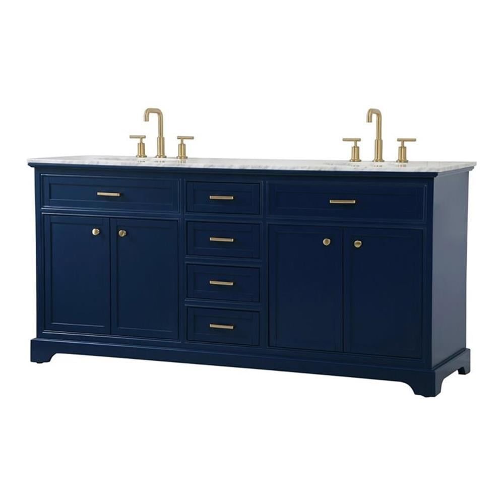 Blue Double Freestanding Solid Wood and Marble Bathroom Vanity